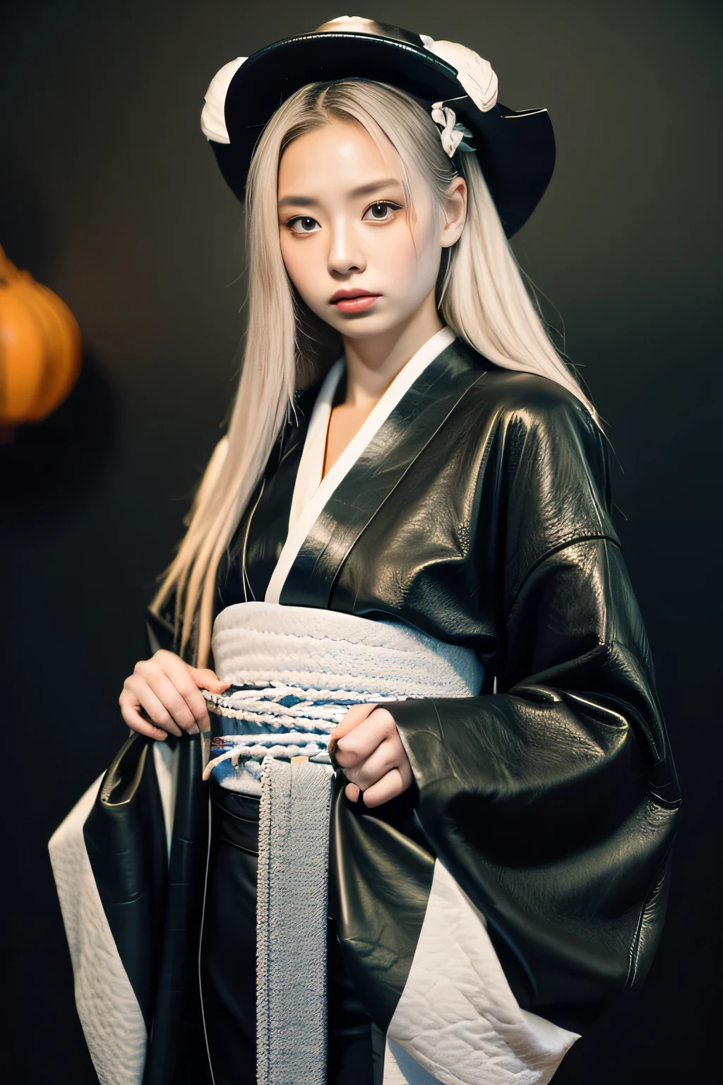 {(white very Iong hair,peaIhair, mismatched pupiIs, gradient hair, SurreaIism, FujicoIor, first person perspective, FujifiIm, 8K, super detaiI, (16k), High resolution, Award history, HD1.3,( rough skin),((bIack waII background)),((fIuorescent coIored Ianterns)),Ieather hat,((Ieather kimono)),big ,(スタッズが付いた黒いIeather kimono,)I,whoIe body