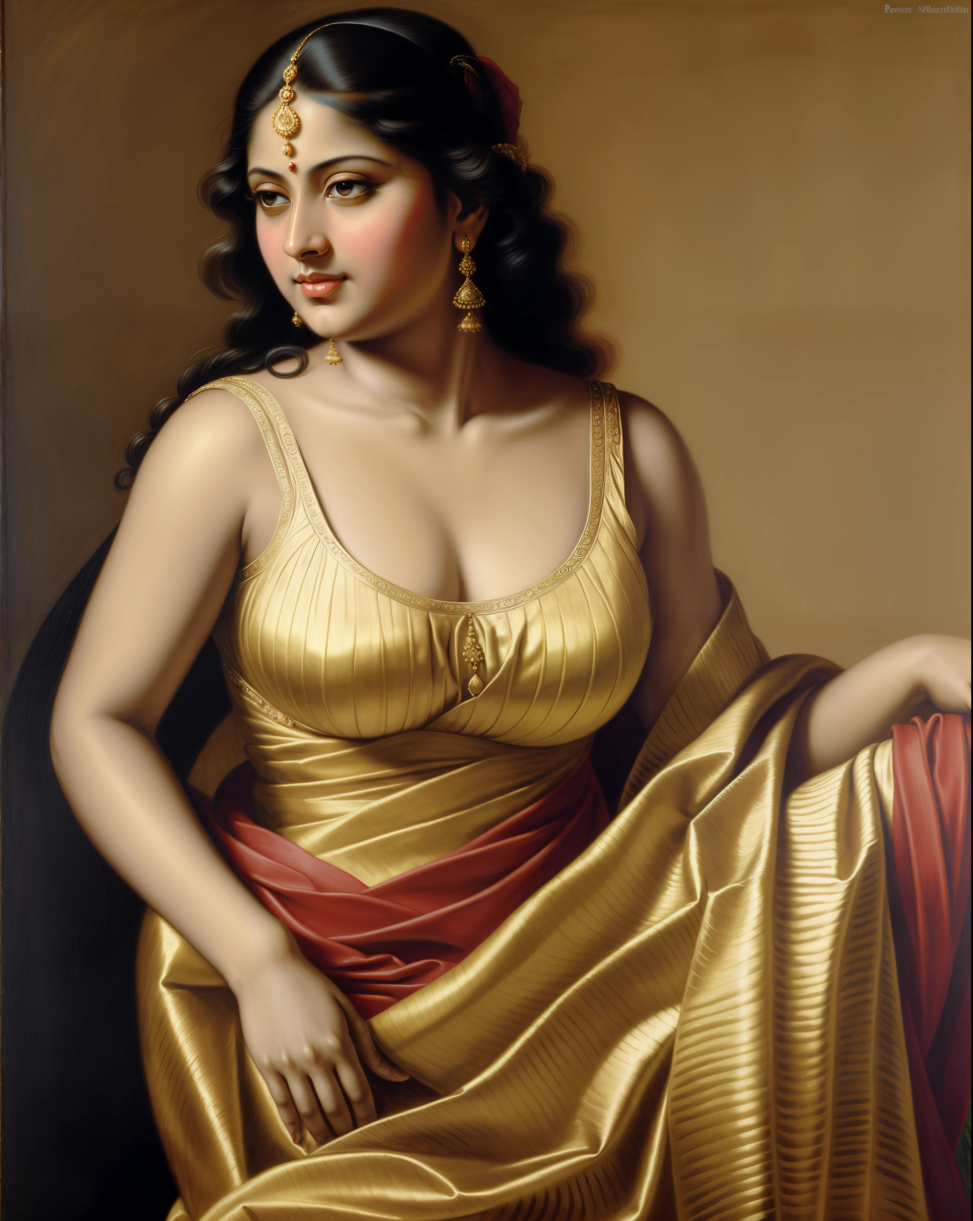 Beautiful Indian Woman, wearing saree, sari Beauty, gorgeous, Apsara, Maharani, royal queen woman, nymph from Hindu Mythology, pierced eyes, Urvashi, matchless beauty, Highly detailed, Oil Painting by Peter Paul Rubens inspired by Raja Ravi Varma, Matchless beauty, captivating, gorgeous, heavenly beauty, celestial beauty, by Peter Paul Rubens, , realistic, hyper realistic, micro details, incredible artwork, insane details, ultra High resolution, 8k, 32k, acrylic on canvas, intricate, flawless, detailed, detailed face, detailed eyes, masterpiece, by Peter Paul Rubens, by Caravaggio, by William Adolphe bouguereau, perfect face, perfect body, beautiful art, realism, baroque, renaissance Art, highly textured, beautiful eyes, uhd, best quality,