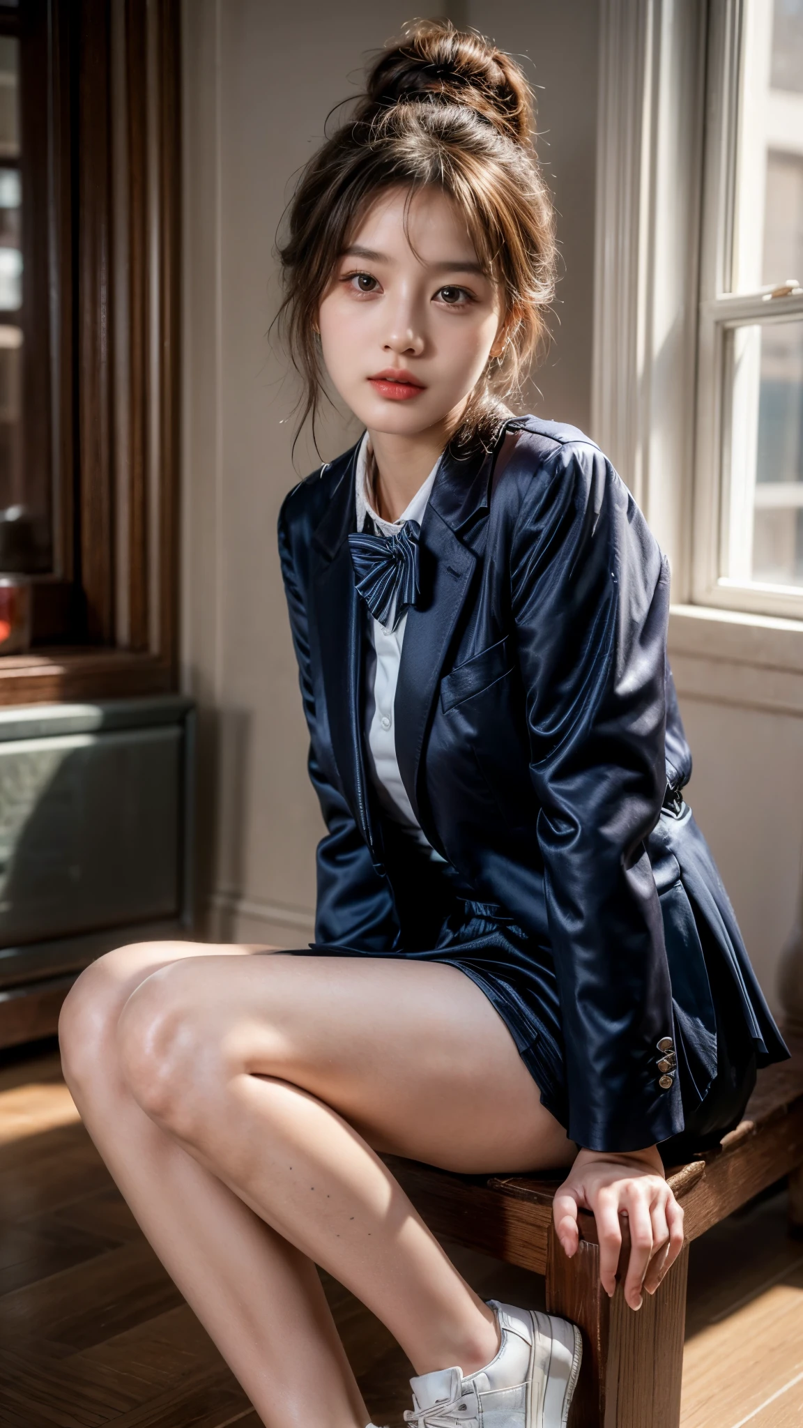 （Pure and cute Chinese college student 1.5）， (20 years girl student), 8K, Masterpiece, RAW photo, Best quality, Photorealistic, Extremely detailed CG Unity 8K wallpaper, Depth of field, Cinematic light, Lens flare, Ray tracing, (Extremely beautiful face, Beautiful lips, Beautiful eyes), intricate detail face, ((ultra detailed skin)),（true to life，Photorealistic 1.8）,((best qualtiy, 8K, tmasterpiece:1.3)),SLR camera (double eyelid，largeeyes:1.3),（smile1.5），（Full body photo 1.5）（One person 1.5）Clear focus 1.2, Perfect body beauty:1.4 , Delicate skin1.1，（Short silver-white hair 1.6），（Delicate makeup1.4），（Pure desire 1.3）(Black pantyhose 1.5)（The leg length is one meter two，1.5），Hair is slightly curled，Black hair, ((College Uniform silky purple blazer and silky navy blue Knee length skirt)), Bow knot，silky Navy Blue knee length Skirt, Slender legs，canvas Matty Black shoe，With earrings，Wristband jade bracelet，Standing in luxury Steps, 4 different poses, both hands playing with hair , beautiful knees , no need extra legs, no need extra hands, no need extra fingers, do not show panty, do not expose, no need stockings, no need full thighs show.