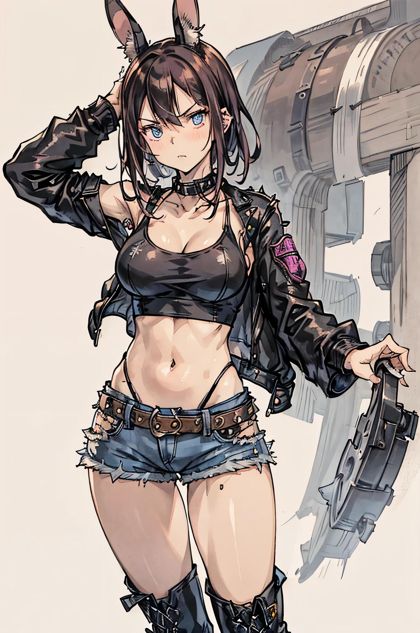 best image quality, cowboy shot, one woman, Women in punk fashion, brown spiky hair, Other shaving, clear eyes, shining blue eyes, Glaring expression, black leather jacket with lots of studs, pink short tank top, Rabbit illustration, Low-rise denim shorts that show your belly button, Black work boots, dynamic pose, dynamic angle, red plaster wall background,