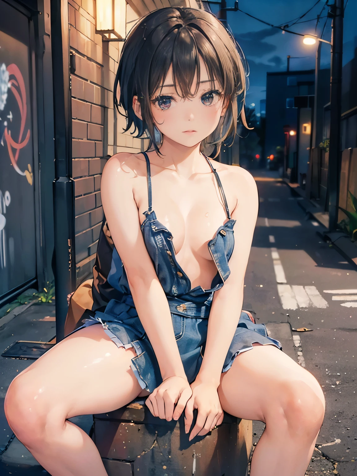 Raw photo, 8K, (highest quality), realistic, (real picture, intricate details), (natural skin texture, fine skin, hyper realism, sharpness), (Japanese female college student sitting on the stairs in a dirty back alley at night, graffitied wall:1.3, Exposed armpits), ((Is wearing a denim micro dress over naked, distressed denim, Front Button Dresses, No sleeve, Open chest of dress, cleavage)), Fair skin, ((very short hair, pixie hairstyle)), (fascinating face, parted lips), Thigh exposed, bandaged knee, graffiti:1.5, trash can, at night, spot lighting:1.3, full body shot