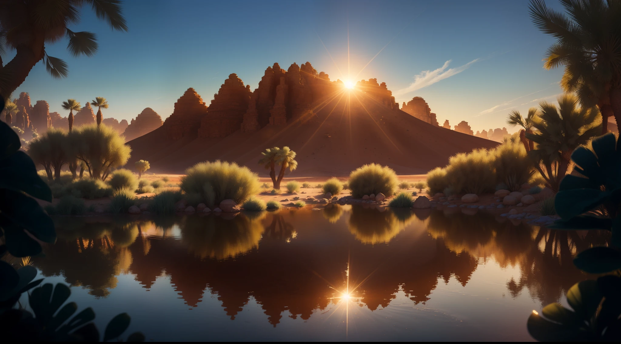 8K, Super detail, ccurate, Best quality, Masterpiece, Super detail, High details, High quality, Best quality, A high resolution，oasis in the desert，lakes，the trees，Reflection in the water，rays of sunshine，tussock，sand dune