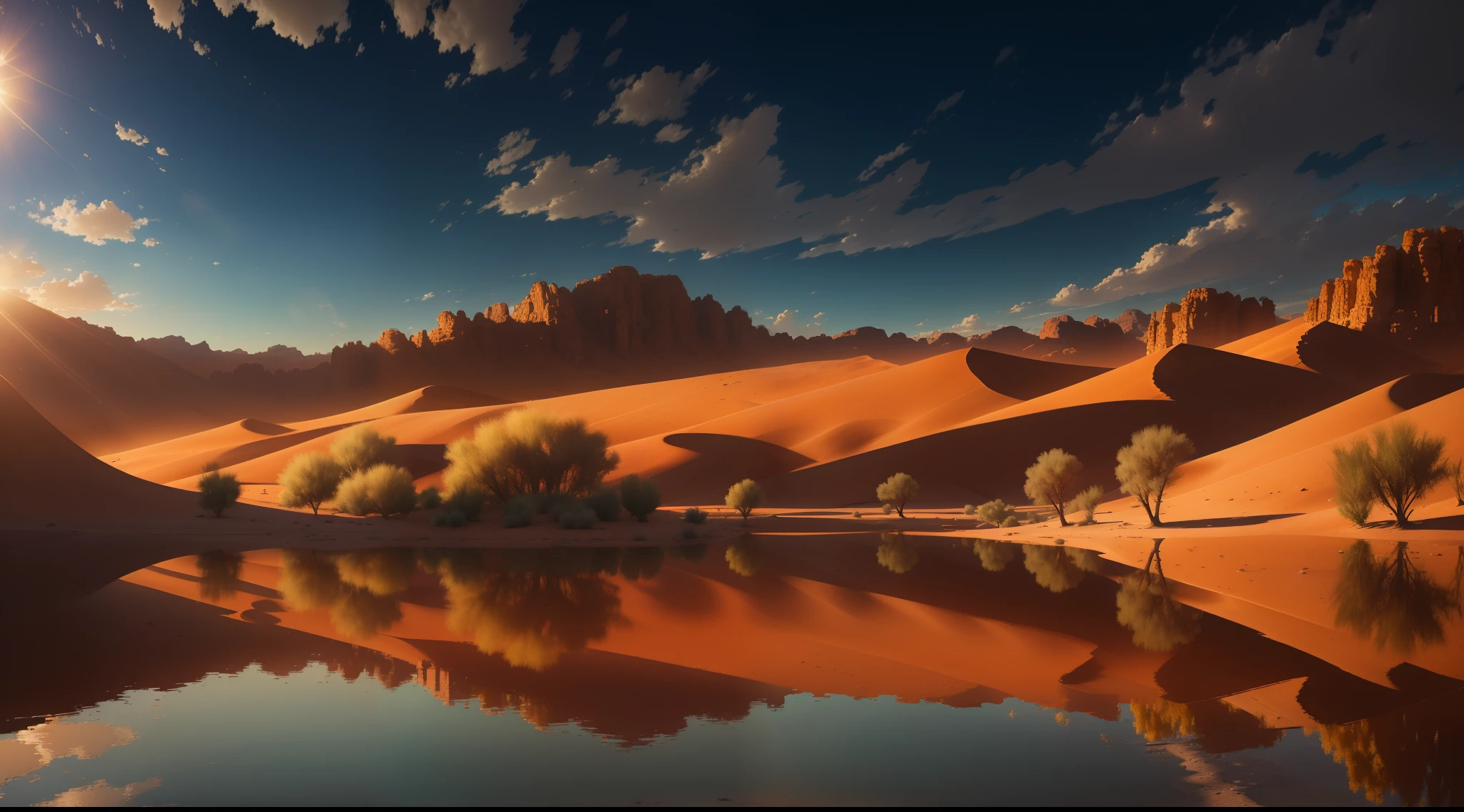 8K, Super detail, ccurate, Best quality, Masterpiece, Super detail, High details, High quality, Best quality, A high resolution，oasis in the desert，lakes，the trees，Reflection in the water，rays of sunshine，tussock，sand dune