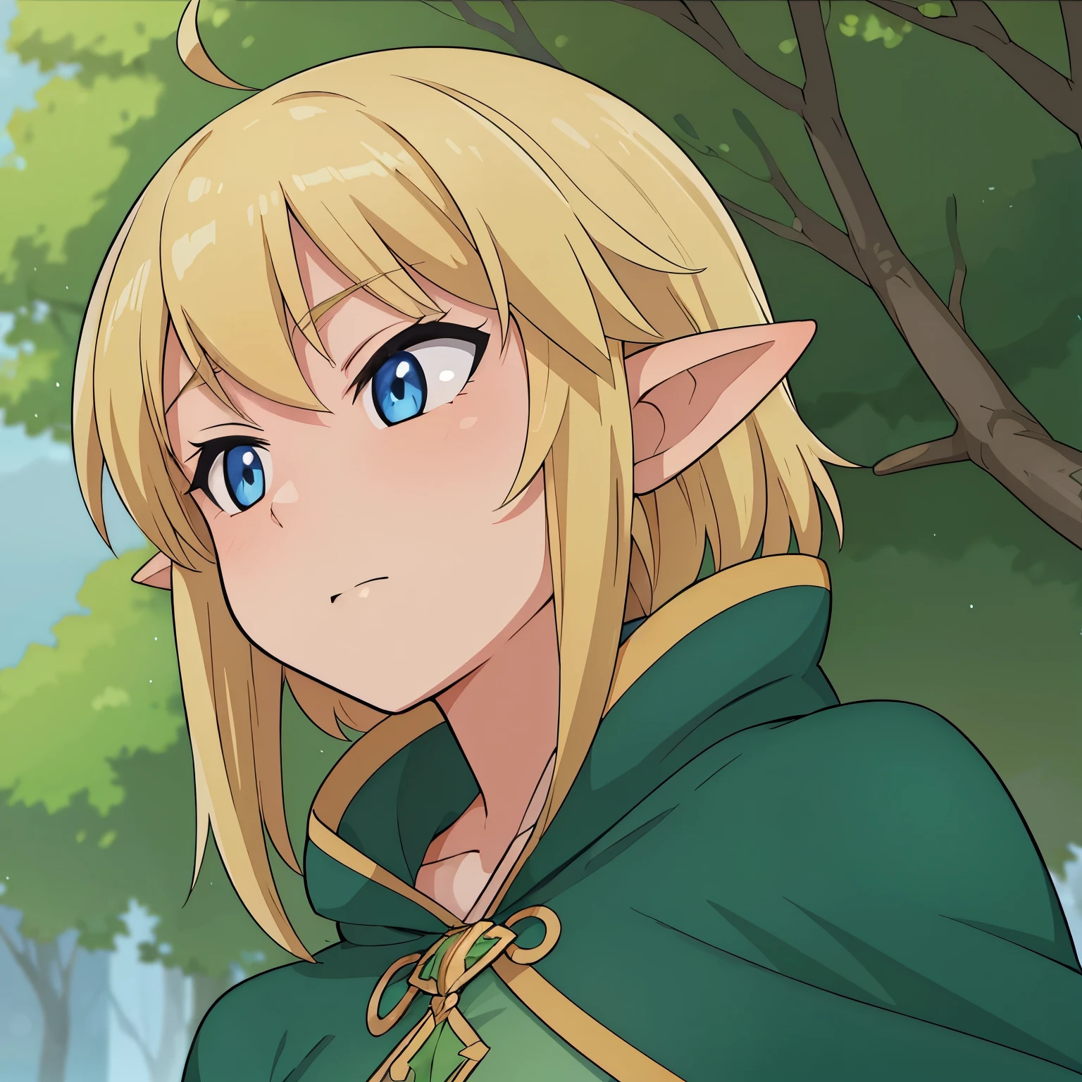 high quality, masterpiece. girl. elf. Green hunting cloak. Short blond hair. длинные elfийские уши. Blue eyes. calm face. against the background of a fox.