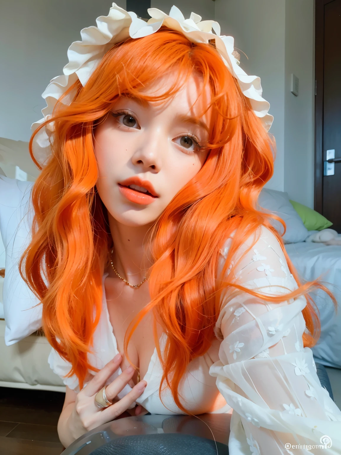 there is a woman with pelo naranja and a white dress, long wavy pelo naranja, she has long redpelo naranja, pelo naranja, cabello naranja brillante, Piel de naranja y pelo largo y ardiente., long pelo naranja, cabello suelto naranja, piel de naranja esponjosa, bright pelo naranja, halo naranja alrededor de su cabeza, She has long orange-brown hair., very long pelo naranja