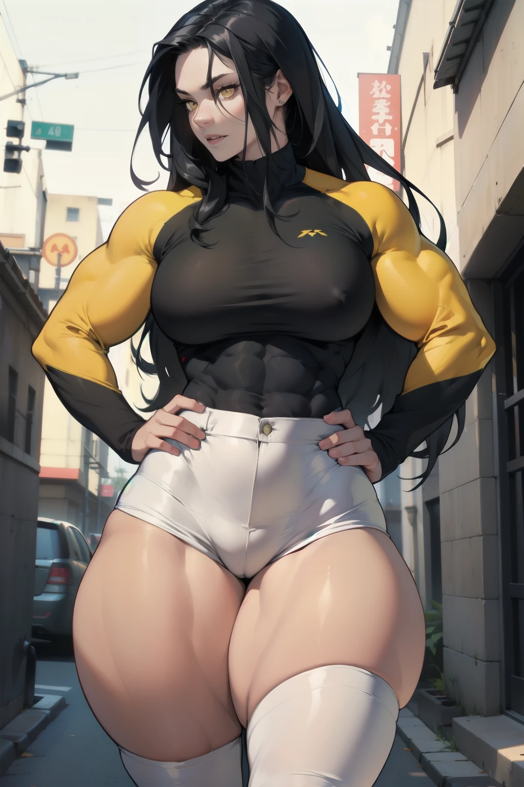 girl ((((muscular 1girl)))) ((((thick thighs toned body)))) (pale skin) black hair yellow eyes very long hair long sleeve tight t-shirt tight pants (straight hair)