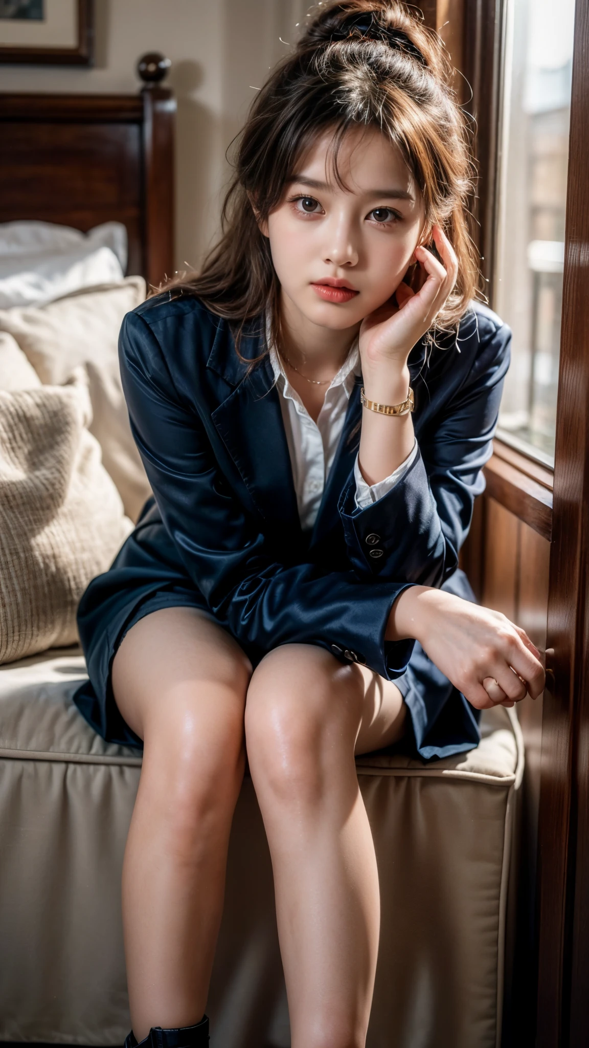 (Pure and cute Chinese college student 1.5), (20 years girl student), 8K, Masterpiece, RAW photo, Best quality, Photorealistic, Extremely detailed CG Unity 8K wallpaper, Depth of field, Cinematic light, Lens flare, Ray tracing, (Extremely beautiful face, Beautiful lips, Beautiful eyes), intricate detail face, ((ultra detailed skin)),(true to life,Photorealistic 1.8),((best qualtiy, 8K, tmasterpiece:1.3)),SLR camera (double eyelid,largeeyes:1.3),(smile1.5),(Full body photo 1.5)(One person 1.5)Clear focus 1.2, Perfect body beauty:1.4 , Delicate skin1.1,(Short silver-white hair 1.6),(Delicate makeup1.4),(Pure desire 1.3)(Black pantyhose 1.5)(The leg length is one meter two,1.5),Hair is slightly curled,Black hair, ((College Uniform silky purple blazer and silky navy blue Knee length skirt)), Bow knot,silky Navy Blue knee length Skirt, Slender legs,canvas Matty Black shoe,With earrings,Wristband jade bracelet,Standing in luxury Steps, 4 different poses, both hands playing with hair , beautiful knees , no need extra legs, no need extra hands, no need extra fingers, do not show panty, do not expose, no need stockings, no need full thighs show.