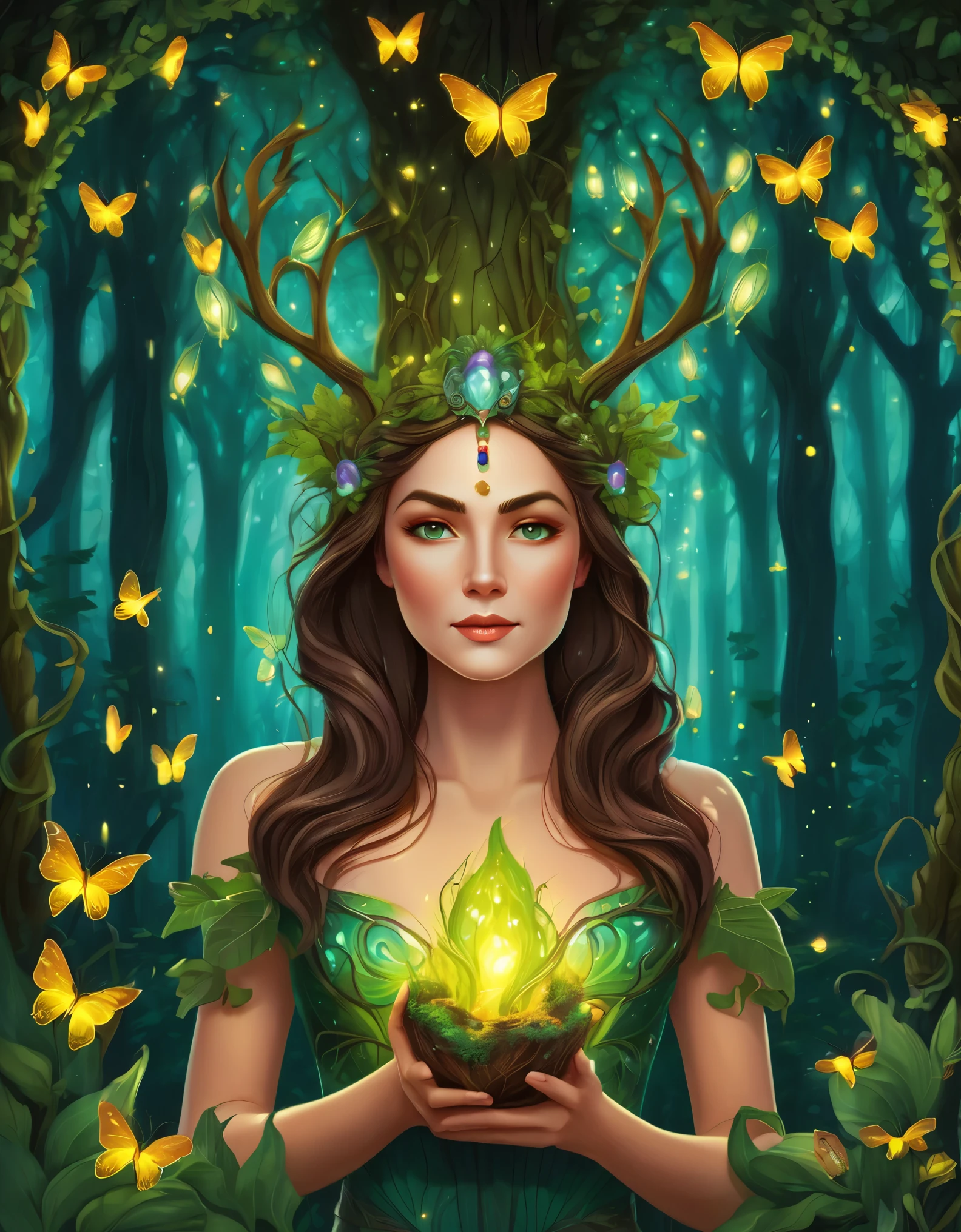 (symmetrical:1.3), (cute cartoon style:1.3), (solo:1.3), beautiful (((dryad inside a tree))) stands tall amidst a symphony of vibrant flora, (adorned with intricate flowing vines and leaves), she radiates an aura of strength and grace, her eyes reflect a deep connection with the natural world, gentle breezes rustle through her verdant crown, she stands as a beacon of harmony, a guardian of the earth's precious ecosystems, ((moonlit)) forest clearing, ((fireflies)), (absurdes:1.5), More Detail