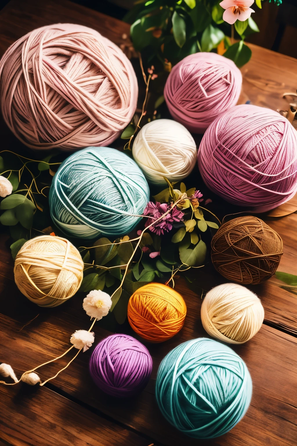 several balls of yarn and flowers are on a table, ball of yarns all around, yarn ball, soft - warm, lush nature, yarn, wrapped in cables and flowers, warm cosy colors, lush, warm spring, an achingly beautiful, natural colours, earthy light pastel colours, earthy colours, dreamy, soft vignette, earthy, idyllic