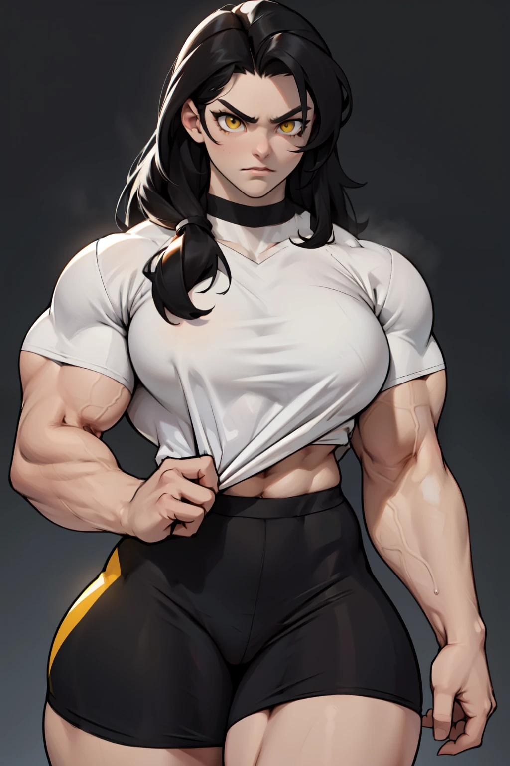 ((1girl)) pale skin large breasts (muscular) toned body thick thighs black hair yellow eyes (long hair grey background) bodybuilder angry tight shirt