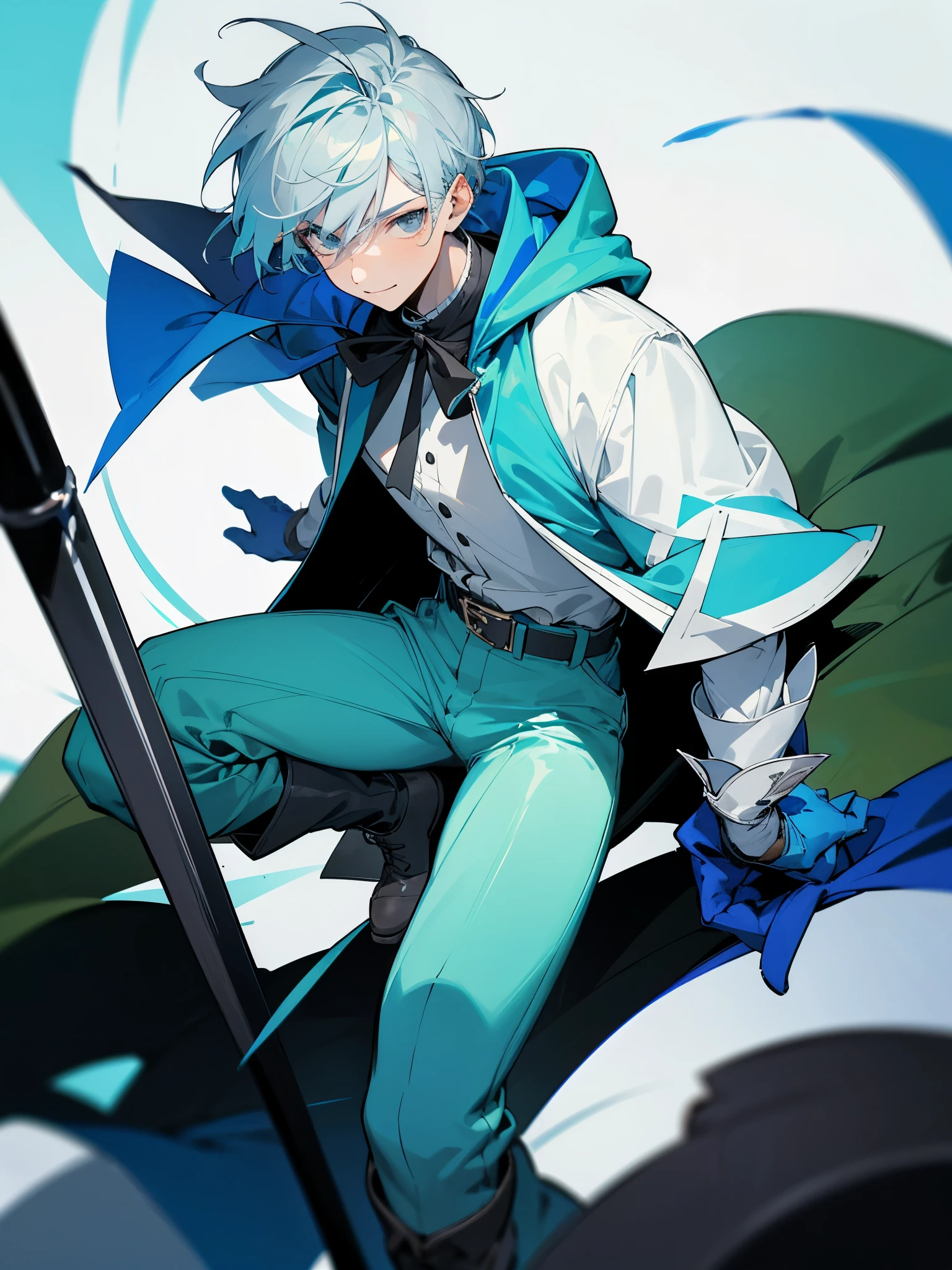Tall man in his 25s with gray hair, gray eyes. Wearing a blue hooded cape, dressed in a white button shirt, green shortpants, and blue gloves. He also wears a belt and boots. Pose masculina. Sonriente. Fondo con humo colorido. Magic ink, colores rojizos. Soleado. Salpicadura de tinta. Colores brillantes