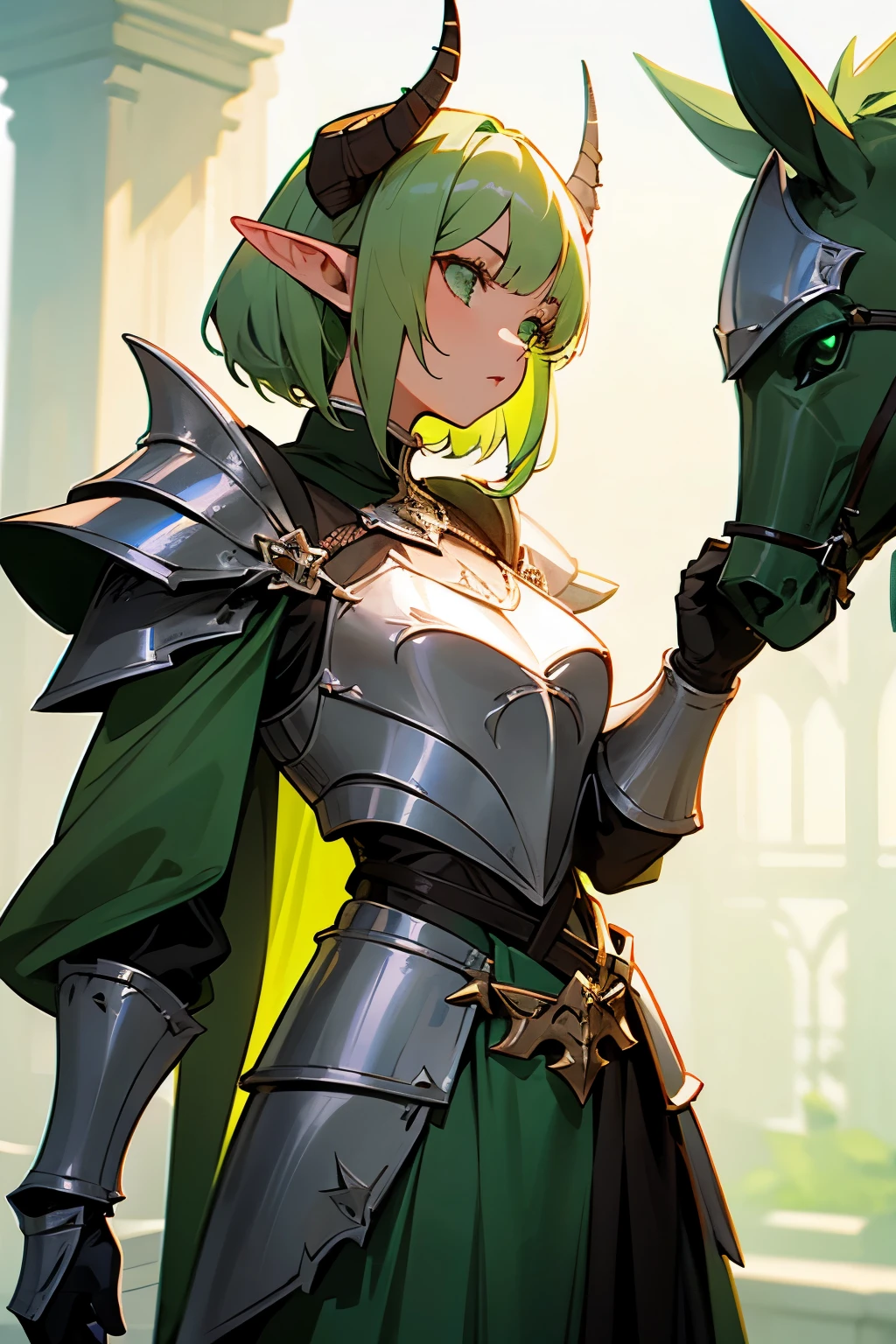 Girl, short light green hair, green eyes, horns, pointy ears, elf, big chest, knight armor