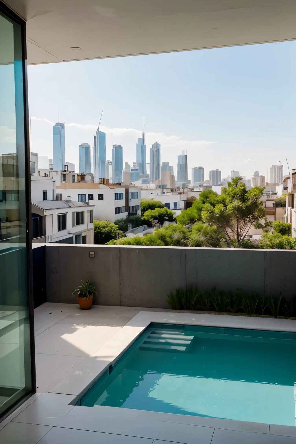 My dream house is in a big city. There is a spacious pool in the backyard, surrounded by sleek, minimalist designs. There are vibrant pops of color throughout the house, adding excitement to the clean, modern aesthetic. The living room is cozy with a large window overlooking the bustling city streets. In the kitchen, there is a sleek island with barstools where friends and family can gather. Upstairs, there are spacious bedrooms with large windows, letting in plenty of natural light. There is also a rooftop terrace with stunning views of the city skyline. Overall, my dream house is in a prime location, with all the amenities and style that I desire.