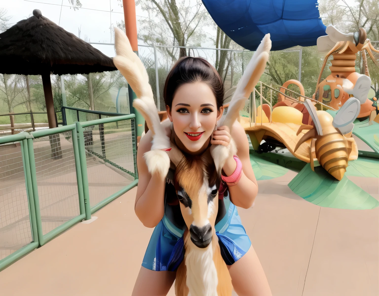 there is a woman holding a stuffed animal in her arms, horns on her head, having fun, young man with horns, goat horns on her head, big natural horns on her head, having fun, full panoramic photo, fun pose, pov photo, very silly appearance , taken with the best dlsr camera, real photo taken at the zoo, horns on the head. Woman in good physical shape. A woman with white skin and dark hair. She is about 35 years old. Her slightly plump red lips are like a delicate flower, her dark brown eyes seem to contain a world of wonders. Slim body. Thin waist. Her body exudes glamor and her face is the definition of beauty. Highly realistic, still, slightly full lips, pink lipstick, smile, feeling of lightness and joy, hyper-realism, very elaborate skin, look. Fitness woman. Sharp photo, high quality, high resolution, masterpiece, 8k.