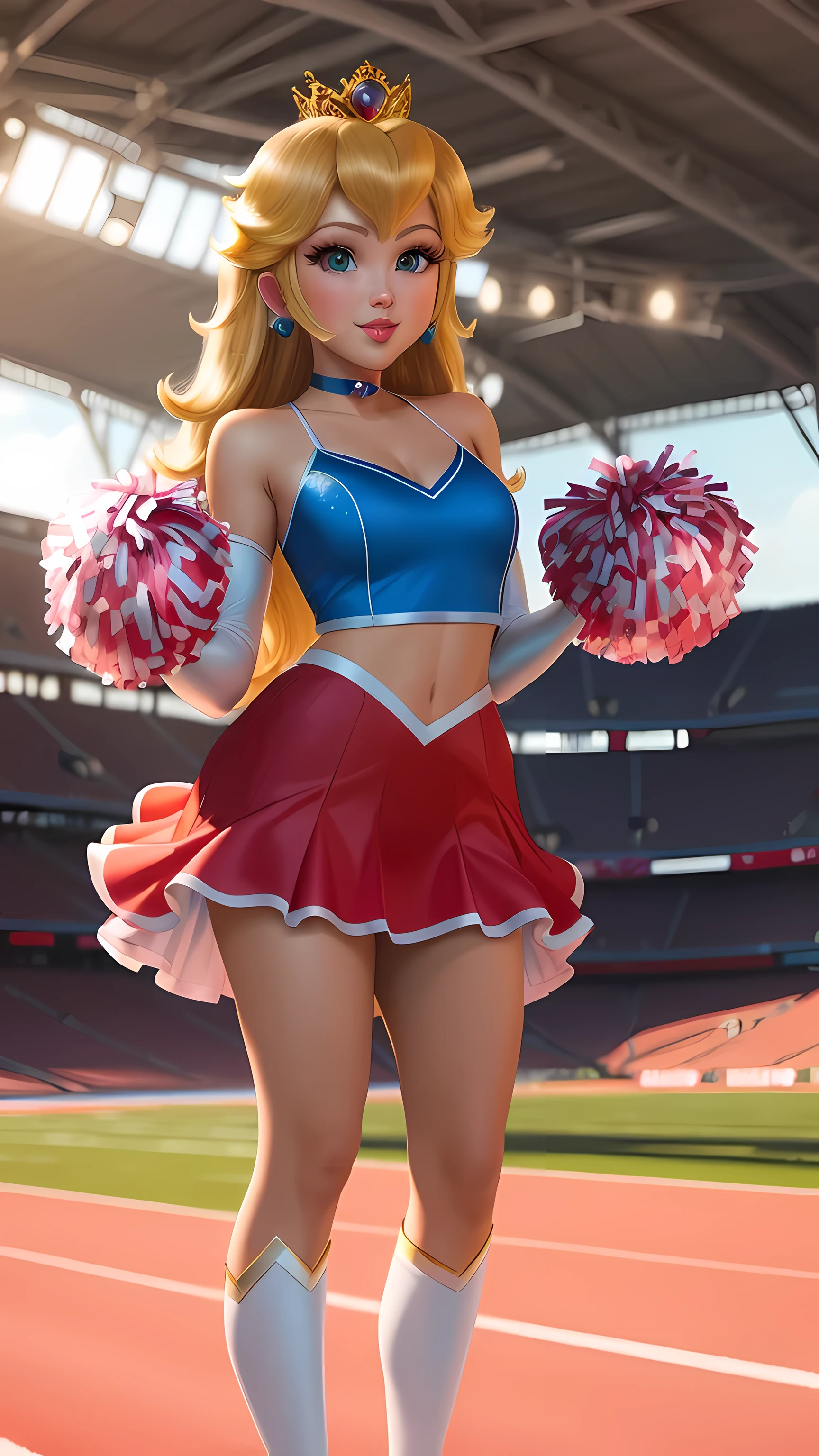 cheerleader outfit, football stadium, pom-poms, highres, masterpiece, perfect ligthing, bloom, cinematic lighting, adult, perfect skin, female, ((full body shot)), smile, narrow waist, skinny, (PrincessPeach), (Princess Peach), choker, detailled eyes, blue eyes, choker, sensual,  pink lips, ((glossy lips)), pursed lips, pink pumps, glossy skin, oily skin, beautiful light, (day:1.3), bright,