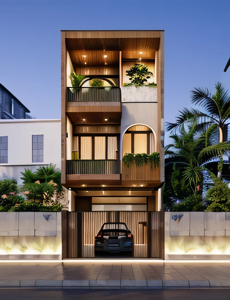 1 morden house, cofe space:1.4, main material by white wall and wood, large yard, 1 road runs in front of the house, (RAW photo, real, best quality, masterpiece:1.2), look morden minimalist, 1 road in front of the house, shime ring light, light brighteness from indoor:1.2, dynamic lighting:1.3, (hyper realistic, photo-realistic:1.2), high quality, (dark lighting:1.2), perfect lighting, archdaily
