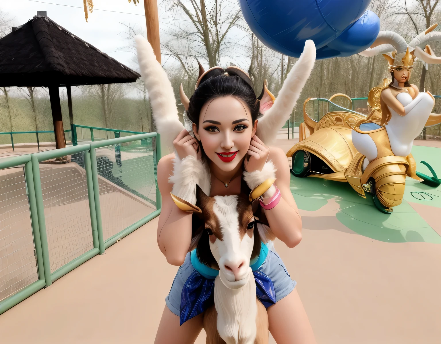 there is a woman holding a stuffed animal in her arms, horns on her head, having fun, young man with horns, goat horns on her head, big natural horns on her head, having fun, full panoramic photo, fun pose, pov photo, very silly appearance , taken with the best dlsr camera, real photo taken at the zoo, horns on the head. Woman in good physical shape. A woman with white skin and dark hair. She is about 35 years old. Her slightly plump red lips are like a delicate flower, her dark brown eyes seem to contain a world of wonders. Slim body. Thin waist. Her body exudes glamor and her face is the definition of beauty. Highly realistic, still, slightly full lips, pink lipstick, smile, feeling of lightness and joy, hyper-realism, very elaborate skin, look. Fitness woman. Sharp photo, high quality, high resolution, masterpiece, 8k.