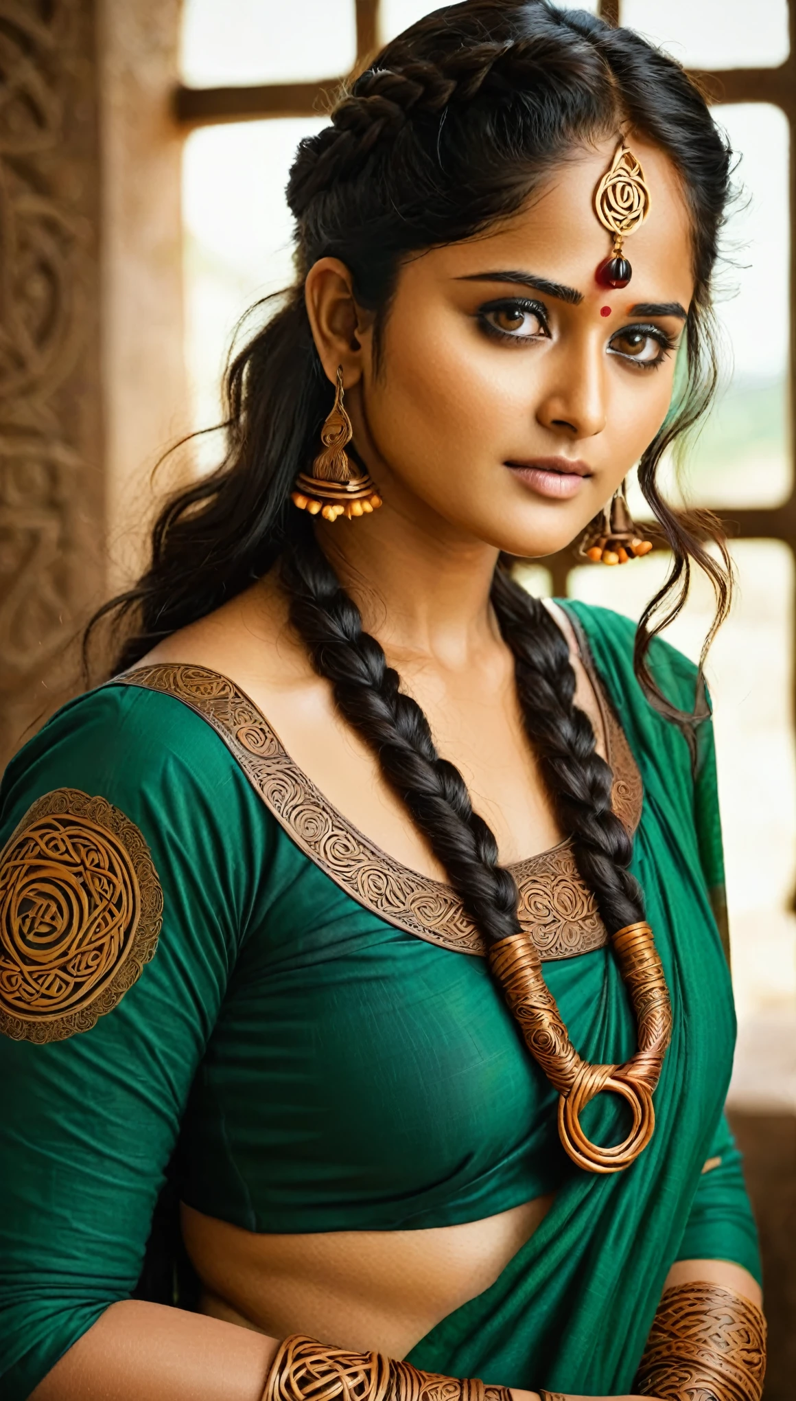 Looks like Anushka Shetty, Celtic style beautiful tribal women portait . geometric patterns, intricate knots, medieval, highly detailed
