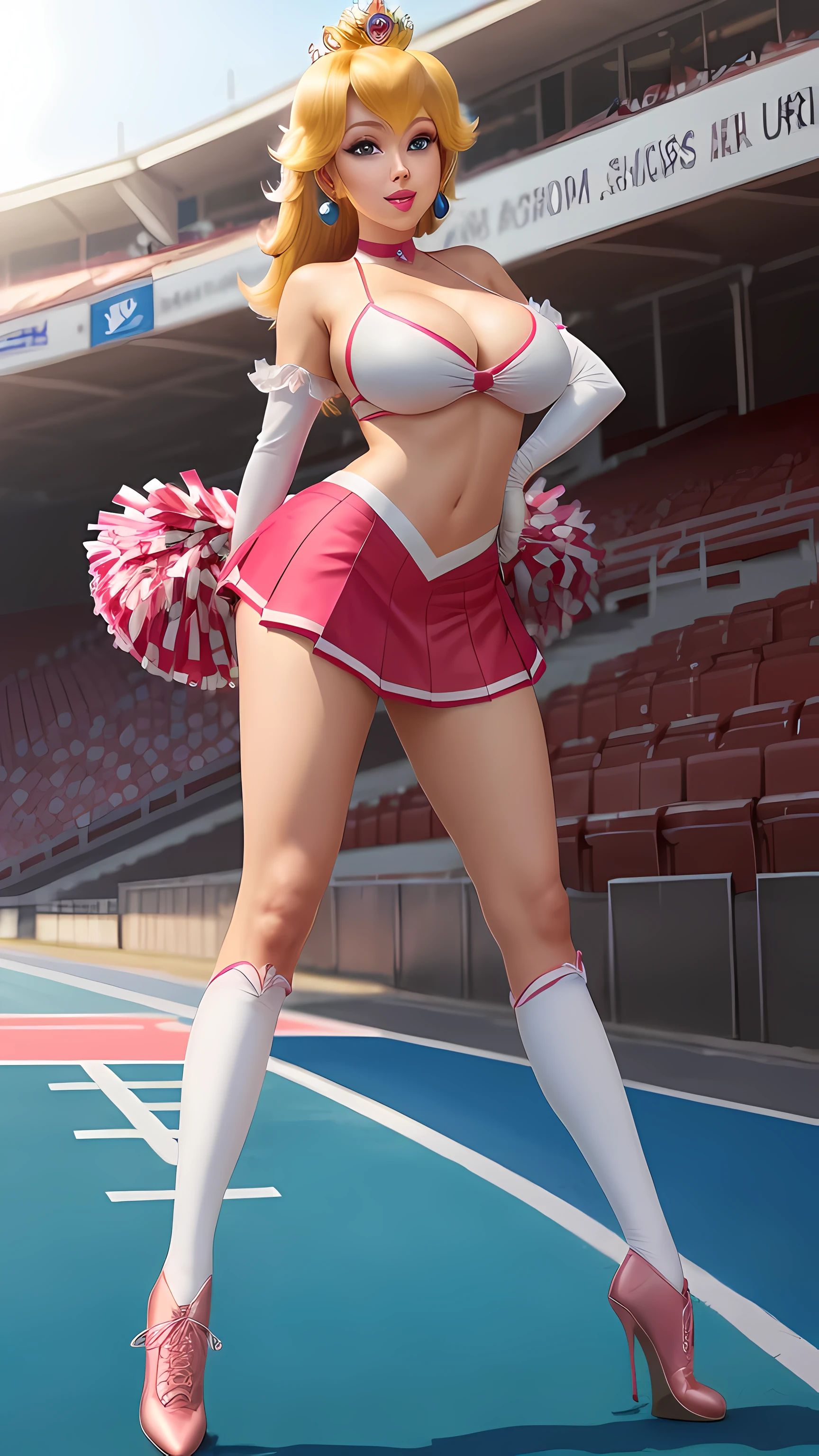 cheerleader outfit, football stadium, pom-poms, highres, masterpiece, perfect ligthing, bloom, cinematic lighting, adult, perfect skin, female, ((full body shot)), smile, narrow waist, skinny, (PrincessPeach), (Princess Peach), choker, detailled eyes, blue eyes, choker, sensual, pink lips, ((glossy lips)), pursed lips, pink pumps, glossy skin, oily skin, beautiful light, (day:1.3), bright, (big breasts:1.4)