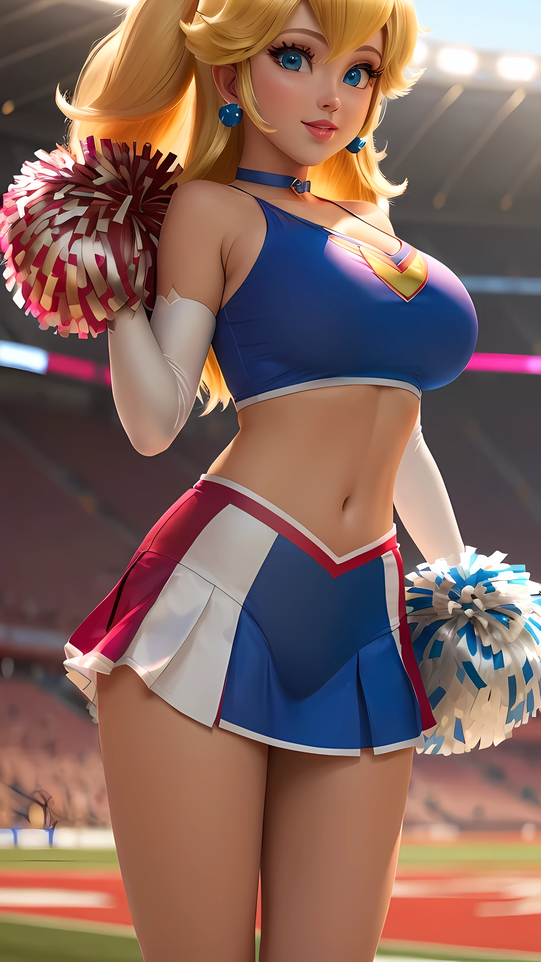 ((masterpiece, best quality,absurdists)),supergirl( a woman long blonde hair, 21 years old,blue and expressive eyes,huge breasts), cheerleader supergirl cosplay(short gym top, pleated mini skirt, lace thong panties with garters, stockings (supergirl costume)), back wiggling ass, american football stadium, blurry people, day, smiling, expression flushed embarrassed