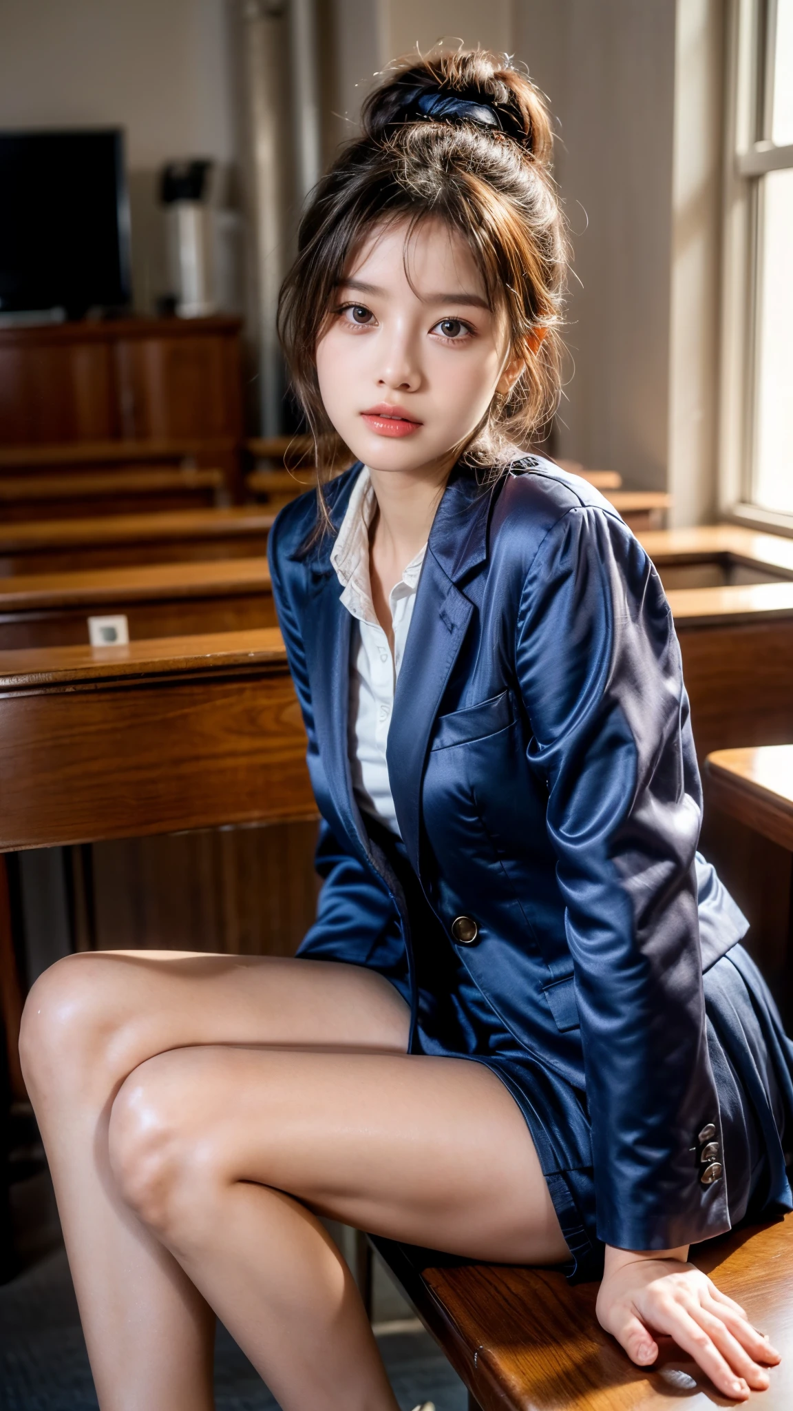 （Pure and cute Chinese college student 1.5）， (21 years girl student), ((College Uniform silky pink blazer and silky black Knee length skirt)), ((skirt:1.2), 8K, Masterpiece, RAW photo, Best quality, Photorealistic, Extremely detailed CG Unity 8K wallpaper, Depth of field, Cinematic light, Lens flare, Ray tracing, (Extremely beautiful face, Beautiful lips, Beautiful eyes), intricate detail face, ((ultra detailed skin)),（true to life，Photorealistic 1.8）,((best qualtiy, 8K, tmasterpiece:1.3)),SLR camera (double eyelid，largeeyes:1.3),（(smile: 1.2))，（Full body photo 1.5）（One person 1.5）Clear focus 1.2, Perfect body beauty:1.4 , Delicate skin1.1,（Short black hair 1.6），（Delicate makeup1.4），（Pure desire 1.3）(Black pantyhose 1.5), Hair is slightly curled，Black hair,  Bow knot, Slender legs，canvas Matty Black shoe，With earrings，Wristband jade bracelet, standing in University auditorium hall, beautiful knees, 
