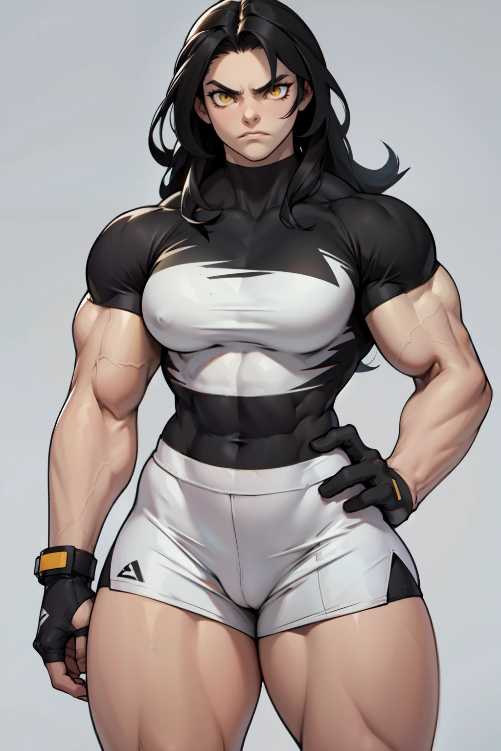 ((1girl)) pale skin ????????????? (muscular) toned body thick thighs black hair yellow eyes (long hair grey background) bodybuilder angry tight shirt