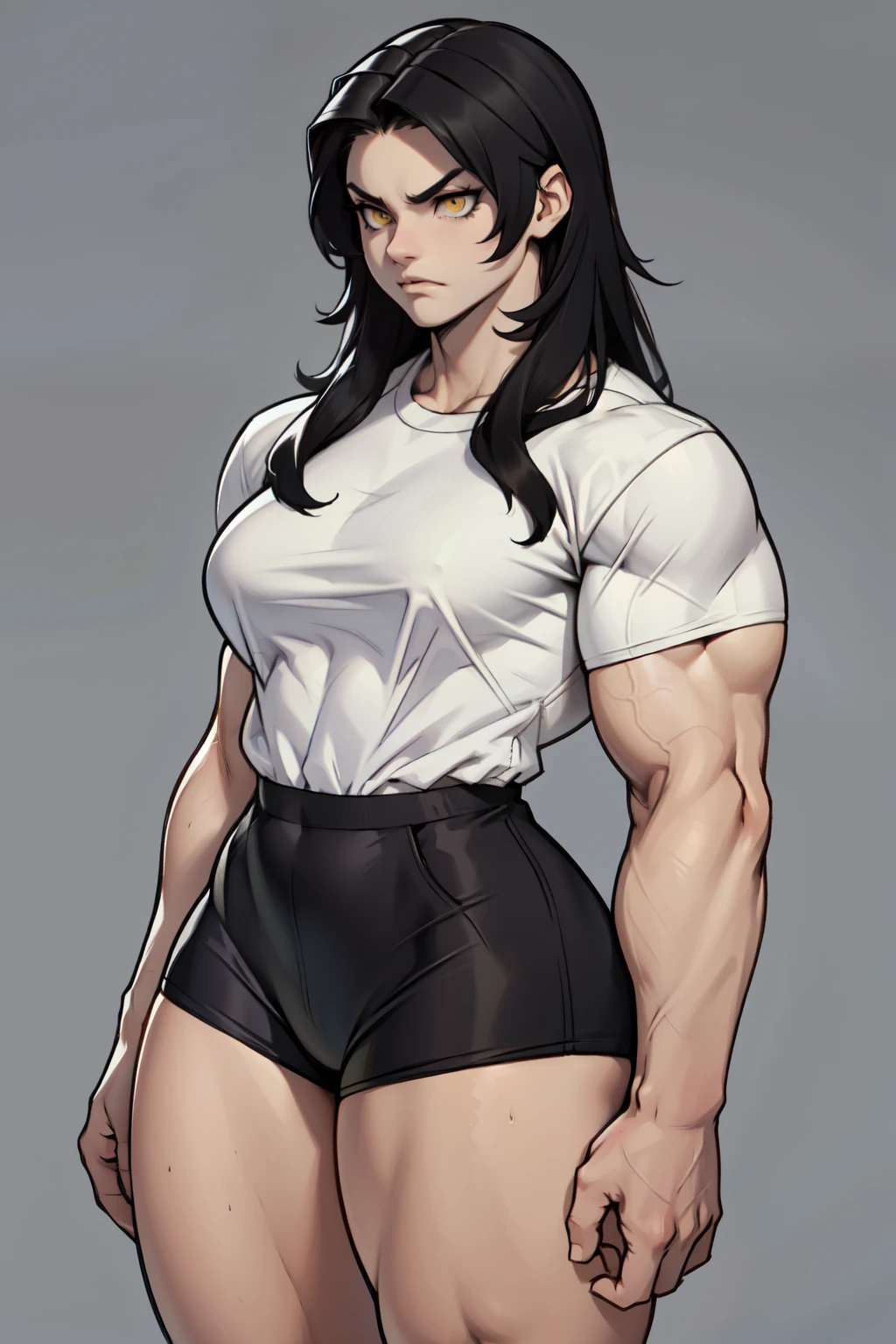 ((1girl)) pale skin large breasts (muscular) toned body thick thighs black hair yellow eyes (long hair grey background) bodybuilder angry tight shirt