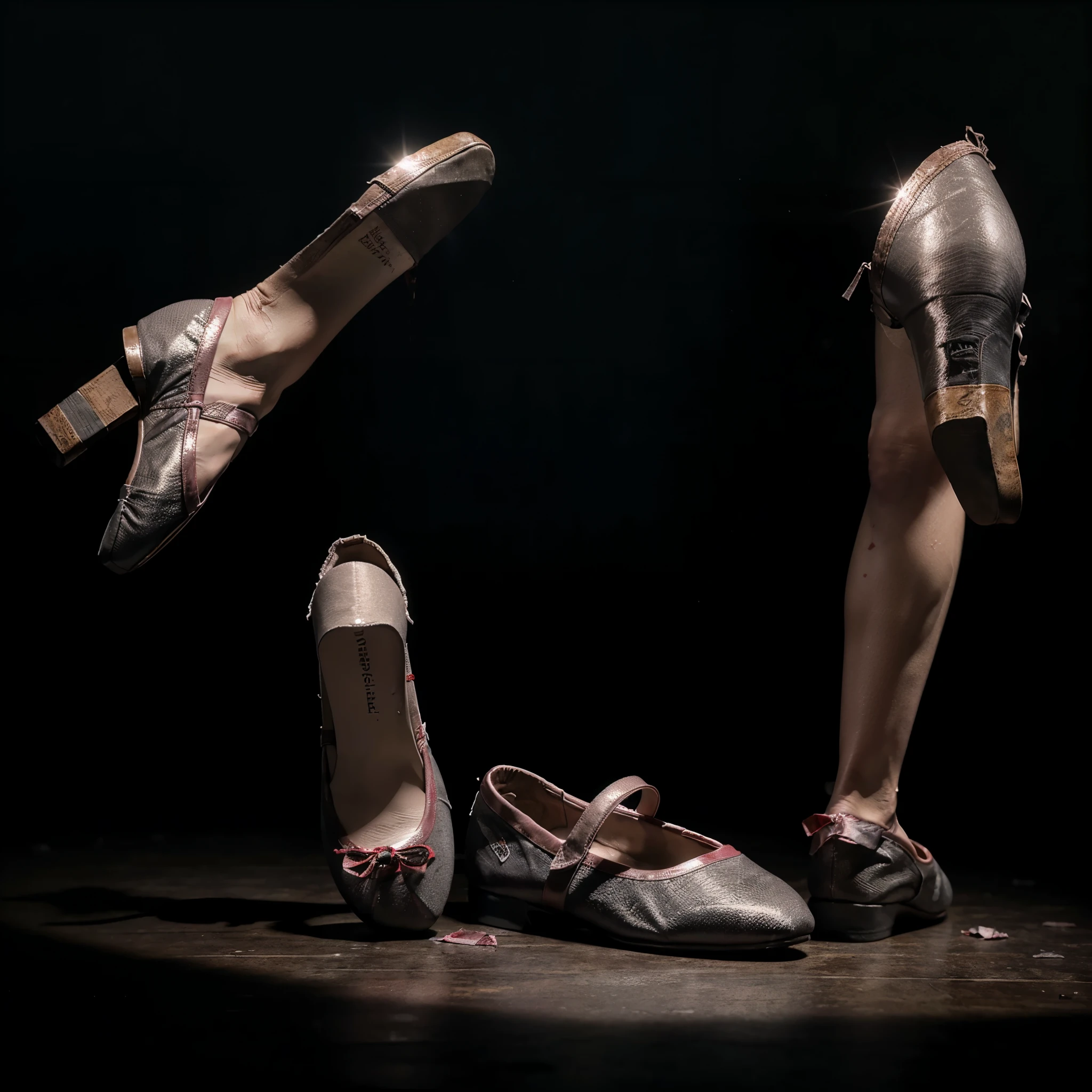 ultra-detailed, photorealistic, dark gray background, spotlight, close-up of blood-soaked, crumpled ballet shoes