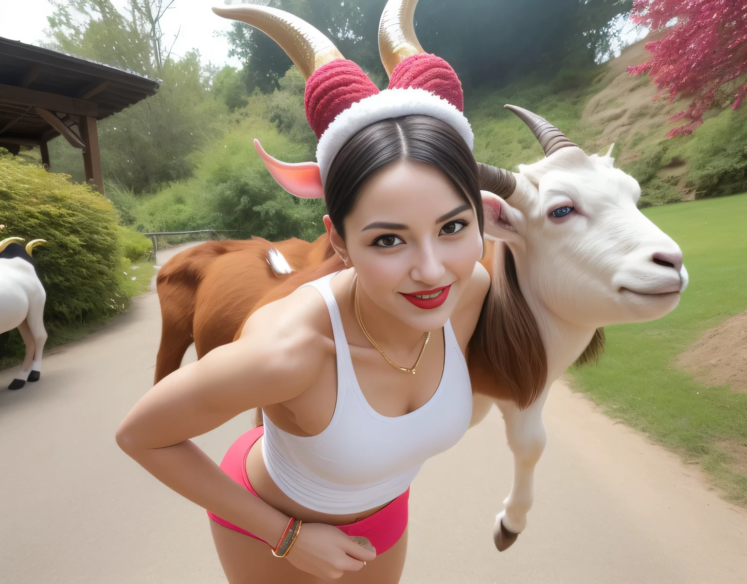 there is a woman holding a stuffed animal in her arms, horns on her head, having fun, young man with horns, goat horns on her head, big natural horns on her head, having fun, full panoramic photo, fun pose, pov photo, very silly appearance , taken with the best dlsr camera, real photo taken at the zoo, horns on the head. Woman in good physical shape. A woman with white skin and dark hair. She is about 35 years old. Her slightly plump red lips are like a delicate flower, her dark brown eyes seem to contain a world of wonders. Slim body. Thin waist. Her body exudes glamor and her face is the definition of beauty. Highly realistic, still, slightly full lips, pink lipstick, smile, feeling of lightness and joy, hyper-realism, very elaborate skin, look. Fitness woman. Sharp photo, high quality, high resolution, masterpiece, 8k.