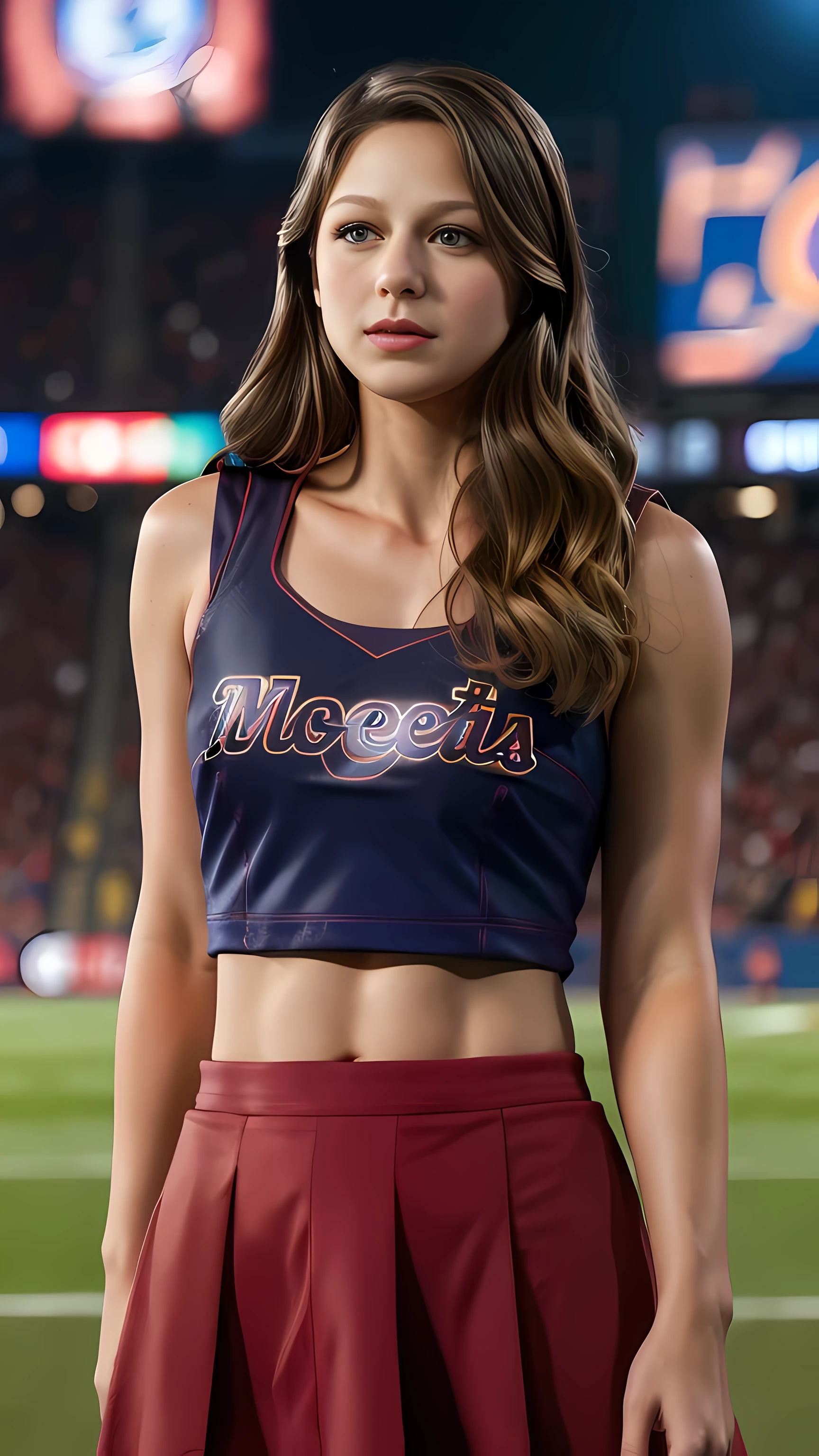 melissa benoist, full body, cheerleader outfit, football stadium, pom-poms, (huge breasts:1.2),  (realistic:1.2), (realism), (masterpiece:1.2), (best quality), (ultra detailed), (8k, 4k, intricate),(85mm),light particles, lighting, (highly detailed:1.2),(detailed face:1.2), (gradients), colorful,(detailed eyes:1.2)(detailed background),detailed landscape, (dynamic angle:1.2), (rule of third_composition:1.3), (Line of action:1.2) , looking at viewer, 
