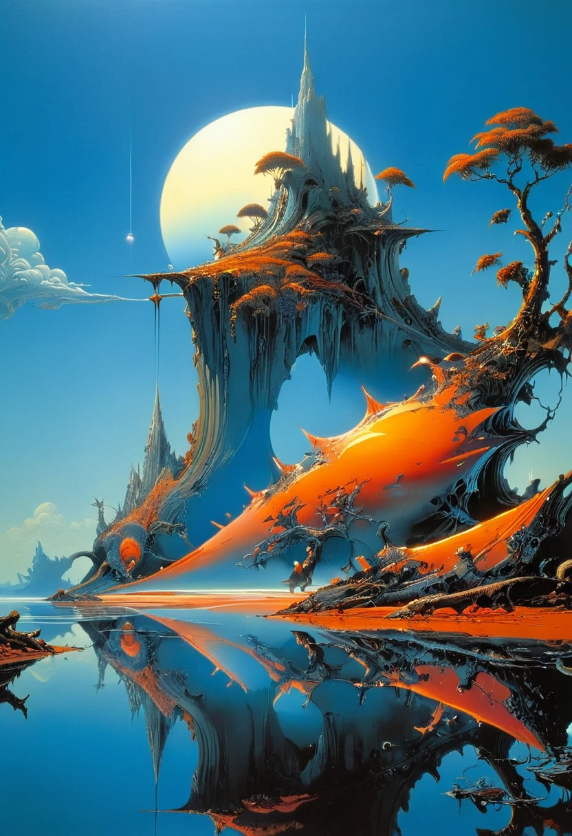 Reflection art, by Roger Dean, (best quality, masterpiece, perfect composition, very aesthetic, ultra-detailed, intricate details:1.3)