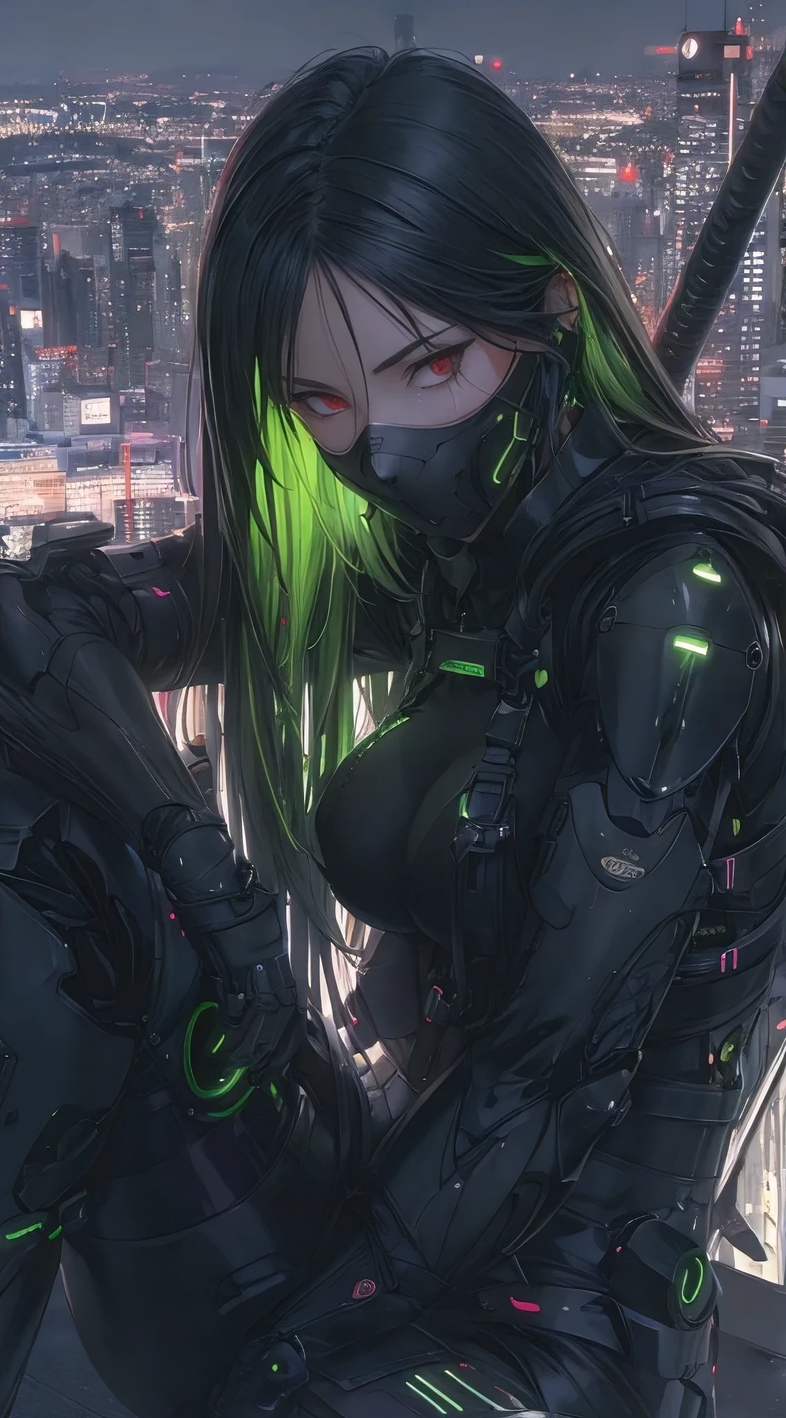 (best quality, masterpiece:1.2), simple lines, anime style, perfect body, feminine curves, (large breasts), modern day kunoichi, techwear ninja armor, neon accents, skyscraper roof, evening, natural light, cinematic