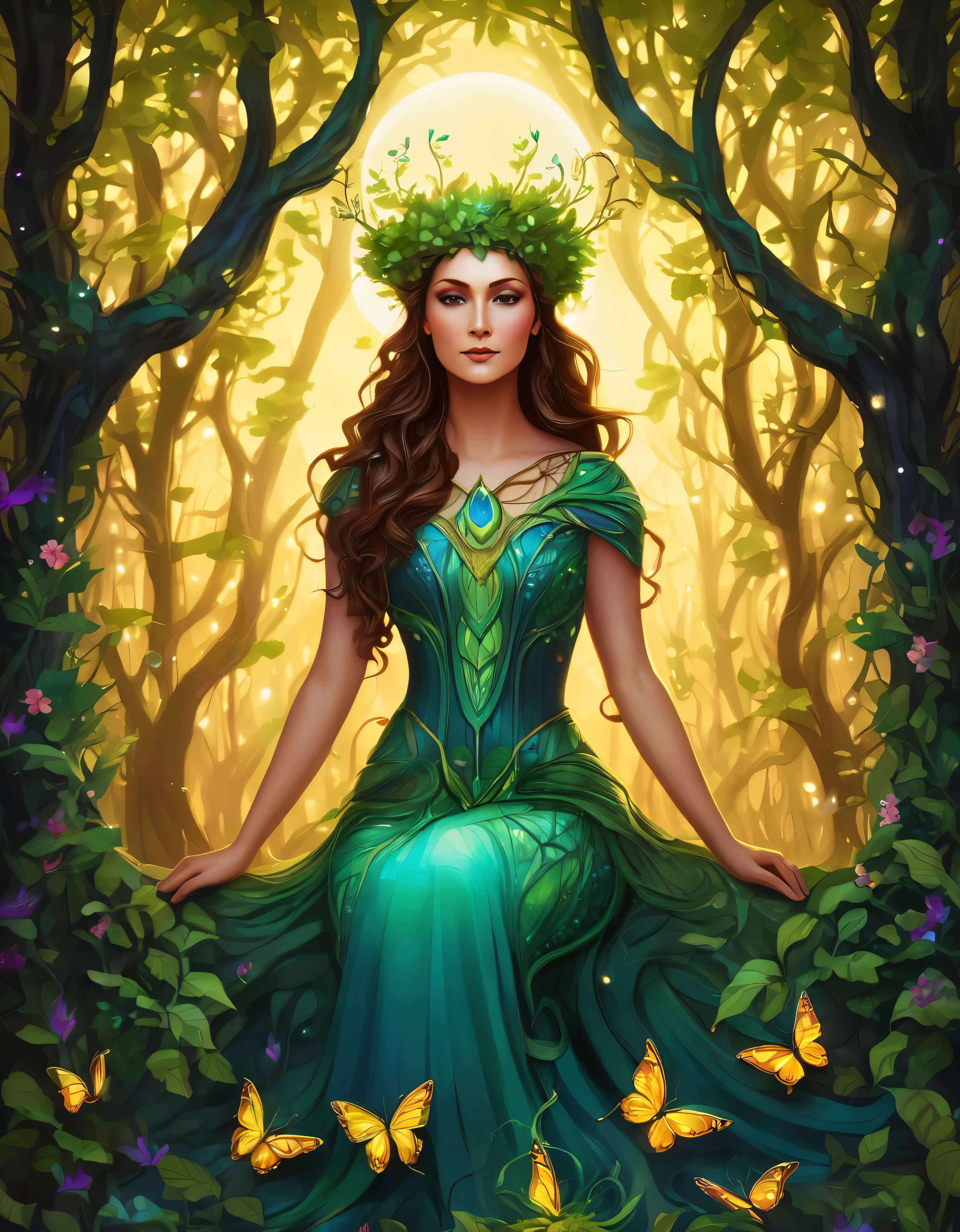 (symmetrical:1.3), (cute cartoon style:1.3), (solo:1.3), beautiful (((dryad inside a tree))) stands tall amidst a symphony of vibrant flora, (adorned with intricate flowing vines and leaves), she radiates an aura of strength and grace, her eyes reflect a deep connection with the natural world, gentle breezes rustle through her verdant crown, she stands as a beacon of harmony, a guardian of the earth's precious ecosystems, ((moonlit)) forest clearing, ((fireflies)), (absurdes:1.5), More Detail