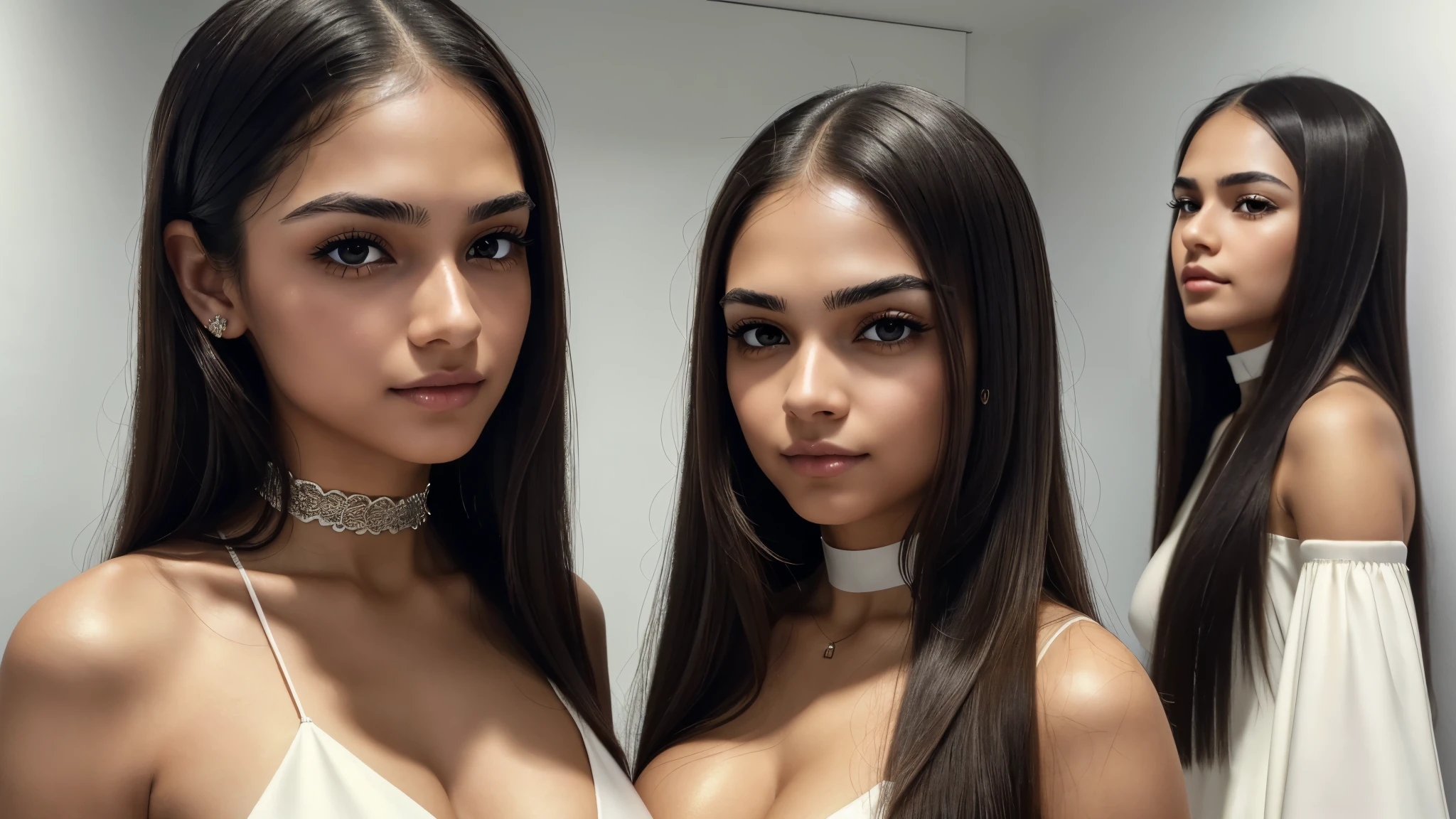 ((Beautiful) 2 attractive cute young women), very_cute, choker, (big breasts:1.4), (small_nose:1.2, thin_nose:1.5, delicate_nose:1.5, pointed_nose_tip:1.5, symmetric_nose), round_chin:1, short_jaw:1, round_jaw:1, long_hair, straight_hair, (brown_eyes:1.5, mahogany_brown_eyes:1), cheek_dimples:1.3, round_cheeks:1.2, (very_small_eyebrows:1.5), (Masterpiece, 8K, best quality, highres:1.5), cowboy shot:1.5, looking_at_viewer:1.5, body_looking_at_viewer:1.5, black_photoshoot:1, white_room:1, white_backdrop:1.5, standing, provocative_body_posture:1.5, flirting_facial_expression, wearing white_straplesini_dress), short_woman, small_woman, skin_texture:1.2