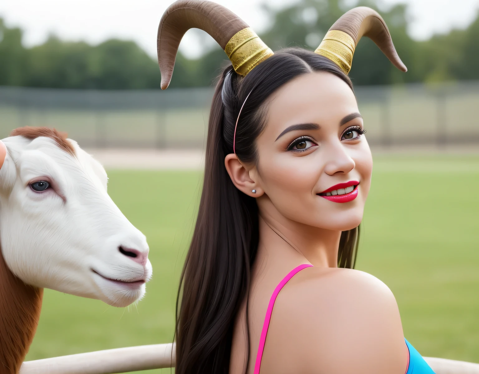 there is a woman holding a stuffed animal in her arms, horns on her head, having fun, young man with horns, goat horns on her head, big natural horns on her head, having fun, full panoramic photo, fun pose, pov photo, very silly appearance , taken with the best dlsr camera, real photo taken at the zoo, horns on the head. Woman in good physical shape. A woman with white skin and dark hair. She is about 35 years old. Her slightly plump red lips are like a delicate flower, her dark brown eyes seem to contain a world of wonders. Slim body. Thin waist. Her body exudes glamor and her face is the definition of beauty. Highly realistic, still, slightly full lips, pink lipstick, smile, feeling of lightness and joy, hyper-realism, very elaborate skin, look. Fitness woman. Sharp photo, high quality, high resolution, masterpiece, 8k.