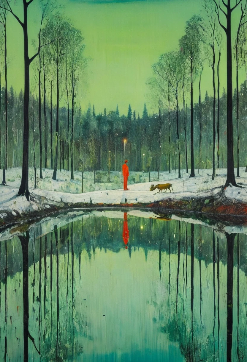 Reflection art, by Peter Doig, (best quality, masterpiece, perfect composition, very aesthetic, ultra-detailed, intricate details:1.3)