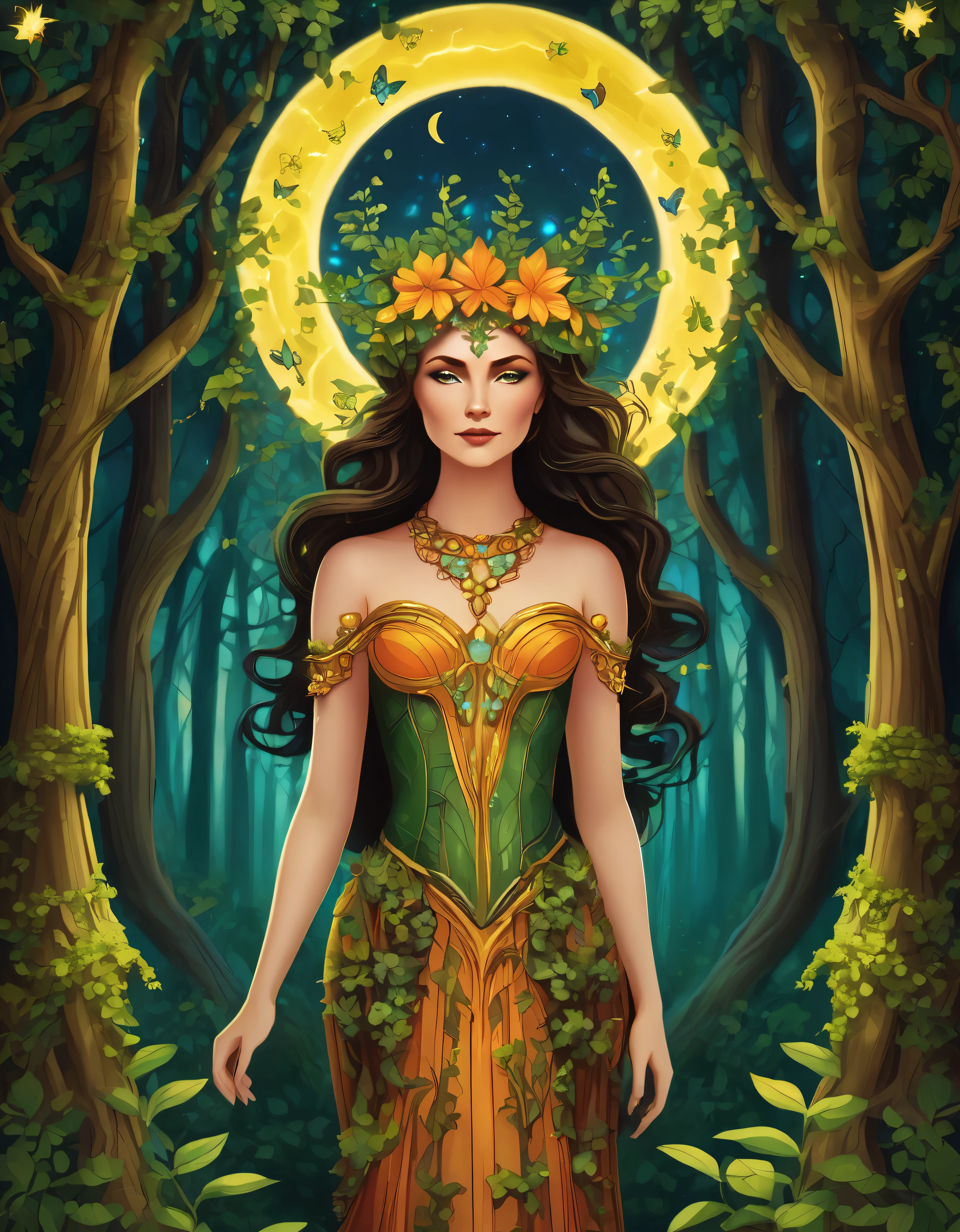 (symmetrical:1.3), (cute cartoon style:1.3), (solo:1.3), beautiful (((dryad inside a tree))) stands tall amidst a symphony of vibrant flora, (adorned with intricate flowing vines and leaves), she radiates an aura of strength and grace, her eyes reflect a deep connection with the natural world, gentle breezes rustle through her verdant crown, she stands as a beacon of harmony, a guardian of the earth's precious ecosystems, ((moonlit)) forest clearing, ((fireflies)), (absurdes:1.5), More Detail