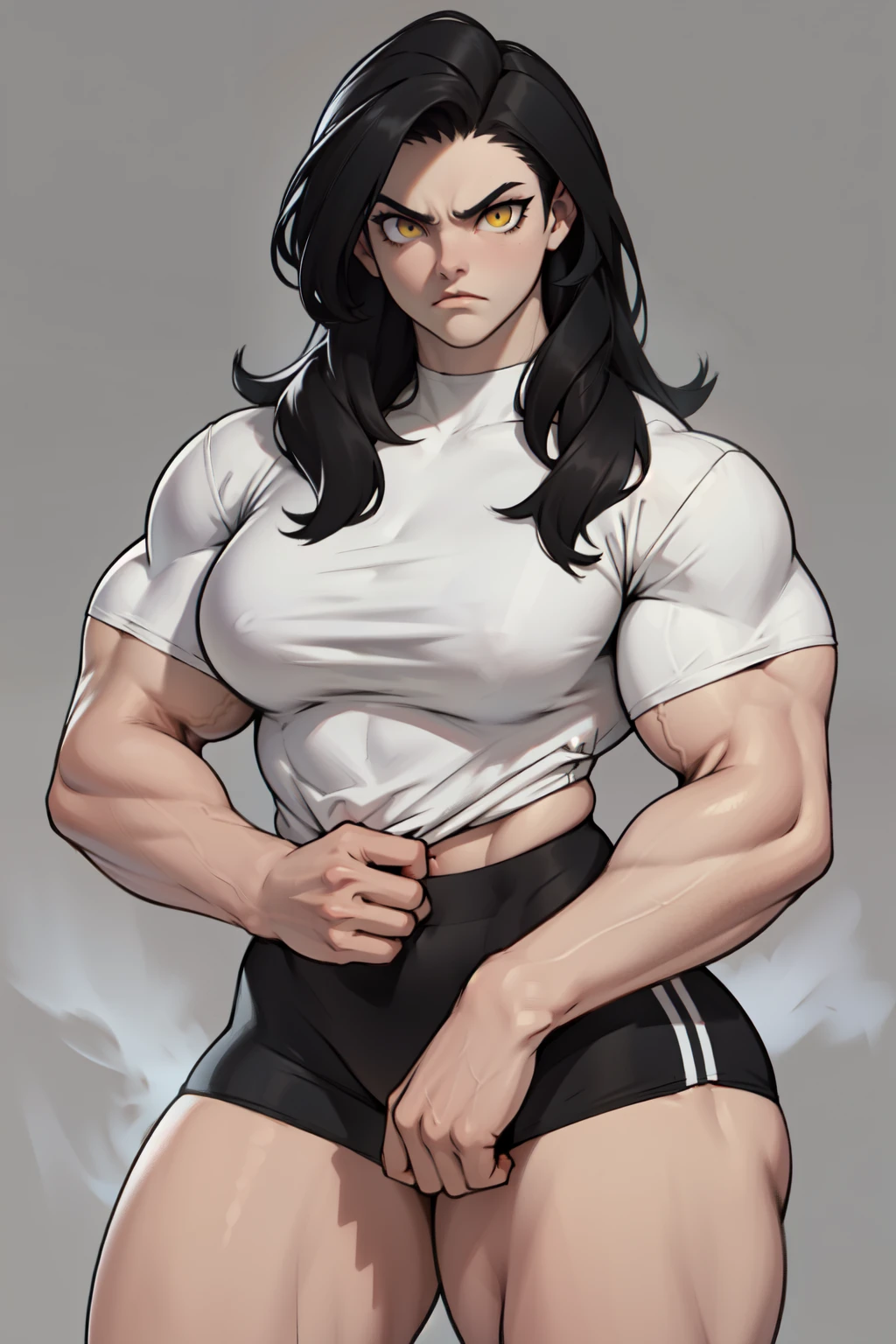 ((1girl)) pale skin large breasts (muscular) toned body thick thighs black hair yellow eyes (long hair grey background) bodybuilder angry tight shirt