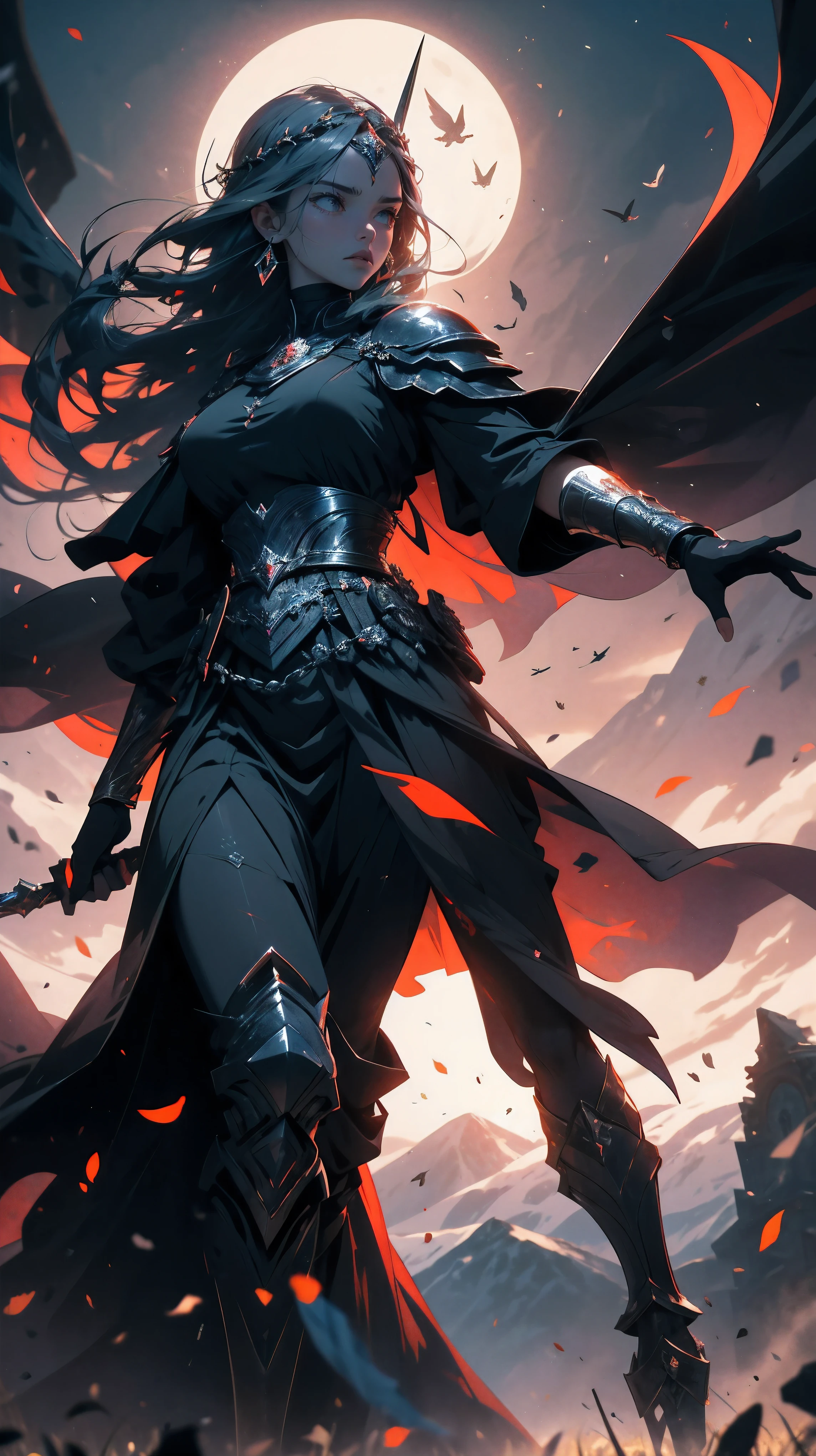 A large silhouette of the goddess of war in the air, Best quality, masterpiece, super high resolution, (realism: 1.4), unknown land lies ahead, majestic mountains reaching the sky, mysterious forests covering the lowlands. Behind is a mighty empire, grand castle silhouetting against the dark horizon. Emperor man guiding an army further towards the northern frontier. The soldiers are well equipped, marching under colorful fluttering banners. The scene is swept in a serene ambiance as the procession progresses, embodying the promise of exploration and discovery. Dark colors, gloomy, grim, foggy
