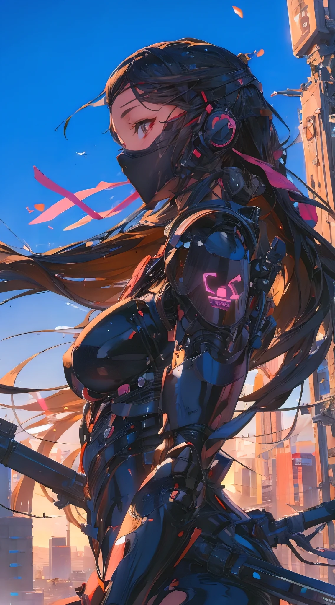(best quality, masterpiece:1.2), simple lines, anime style, perfect body, feminine curves, (large breasts), modern day kunoichi, techwear ninja armor, neon accents, skyscraper roof, evening, natural light, cinematic