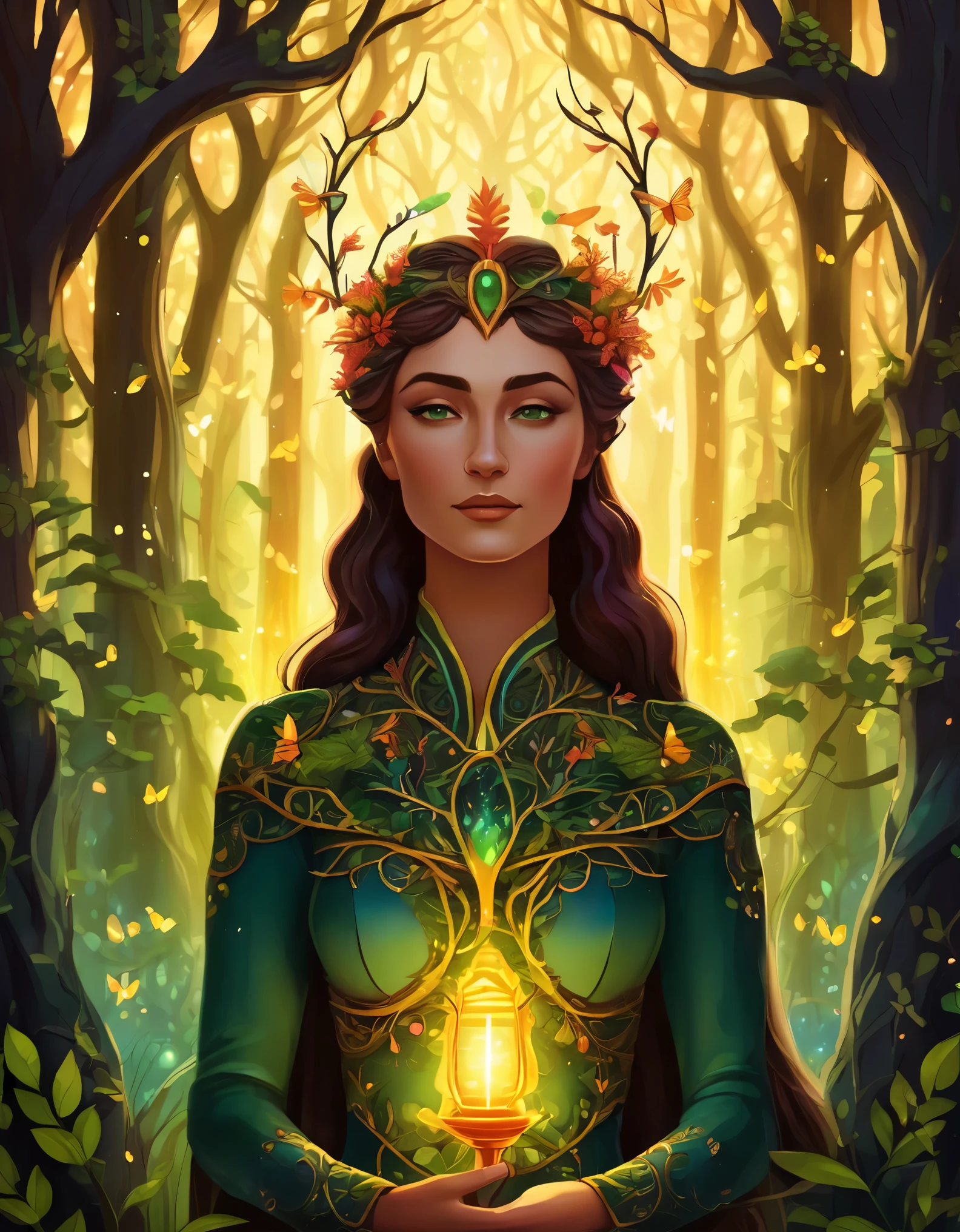 (symmetrical:1.3), (cute cartoon style:1.3), (solo:1.3), beautiful (((dryad inside a tree))) stands tall amidst a symphony of vibrant flora, (adorned with intricate flowing vines and leaves), she radiates an aura of strength and grace, her eyes reflect a deep connection with the natural world, gentle breezes rustle through her verdant crown, she stands as a beacon of harmony, a guardian of the earth's precious ecosystems, ((moonlit)) forest clearing, ((fireflies)), (absurdes:1.5), More Detail