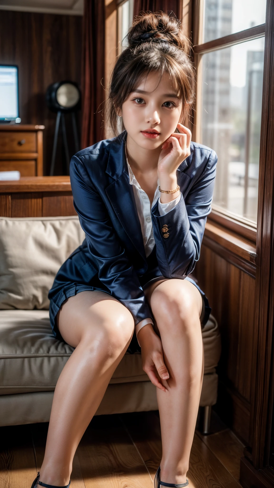 （Pure and cute Chinese college student 1.5）， (20 years girl student), ((College Uniform silky purple blazer and silky navy blue Knee length skirt)), 8K, Masterpiece, RAW photo, Best quality, Photorealistic, Extremely detailed CG Unity 8K wallpaper, Depth of field, Cinematic light, Lens flare, Ray tracing, (Extremely beautiful face, Beautiful lips, Beautiful eyes), intricate detail face, ((ultra detailed skin)),（true to life，Photorealistic 1.8）,((best qualtiy, 8K, tmasterpiece:1.3)),SLR camera (double eyelid，largeeyes:1.3),（smile1.5），（Full body photo 1.5）（One person 1.5）Clear focus 1.2, Perfect body beauty:1.4 , Delicate skin1.1,（Short black hair 1.6），（Delicate makeup1.4），（Pure desire 1.3）(Black pantyhose 1.5)（The leg length is one meter two，1.5），Hair is slightly curled，Black hair,  Bow knot, Slender legs，canvas Matty Black shoe，With earrings，Wristband jade bracelet，Standing in University auditorium hall, 4 different poses, beautiful knees , no need extra legs, no need extra hands, no need extra fingers, do not show panty, do not expose, no need stockings, no need full thighs show.