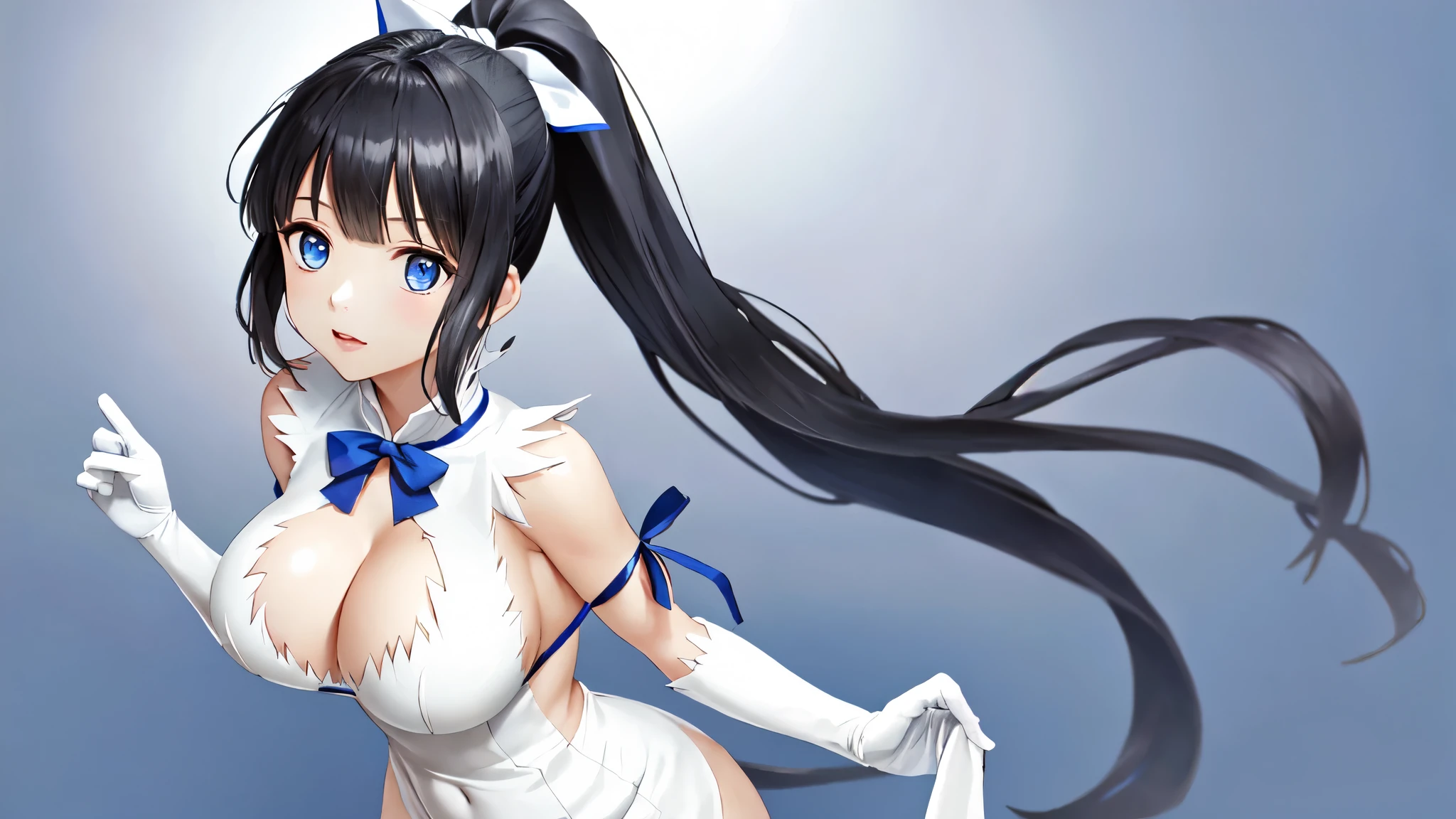 masterpiece, best quality BREAK solo, Hestia \(dropper\), breast, long hair, blue tape, ponytail, gloves, tape, dress, Rei no Himo, large breast, Blue eyes, black hair, white gloves, split, white dress, hair tape, a gift, Without sleeves, Without sleeves dress, bang, split cutout, hair ornament, a gifttie, neckline in clothes, very long hair, covered navel, arm tape, 