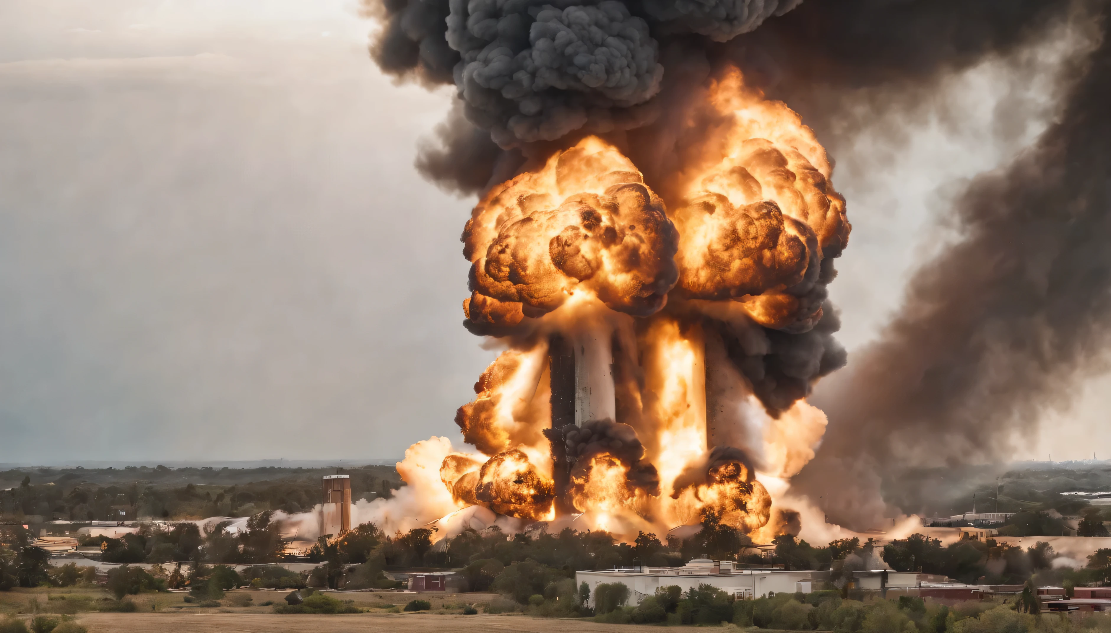 Imagine a hyper-realistic 8K three quarter image of an explosion in a mega fertilizer manufacturing factory. some of the structures have collapsed. there is fire in some areas. there is so much smoke rising up. All are africans. 