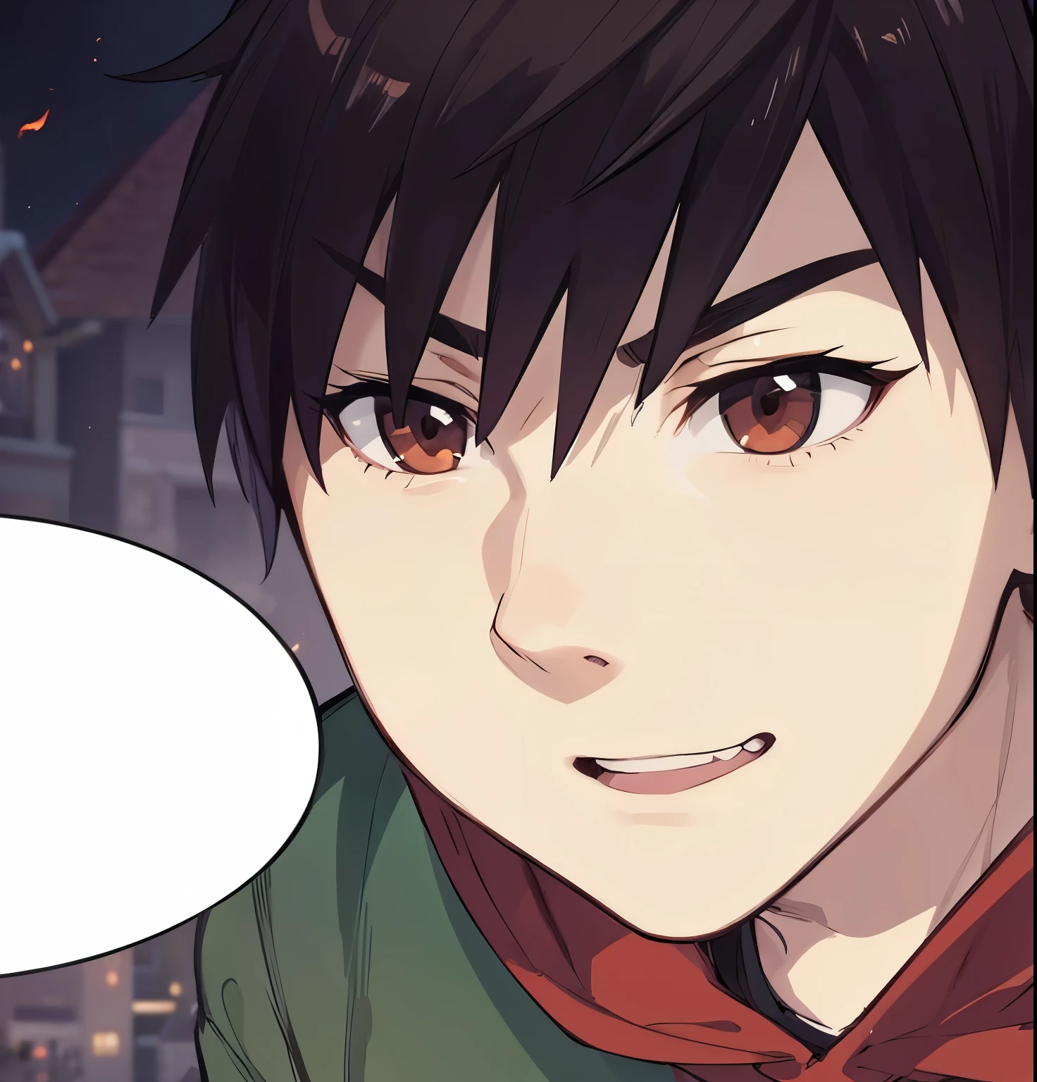 anime style, A guy squat at rooftop, outdoors, upper body, evil eyes, angry, brown eyes, devil, dark smoke, fire at city building, front view, focus on viewer, photo real, ultra detailed, masterpiece, ultra high quality, ultra high resolution, ultra realistic, ultra reflection, ultra lighting, detailed background, dramatic lighting, low key, dark tone, 8K