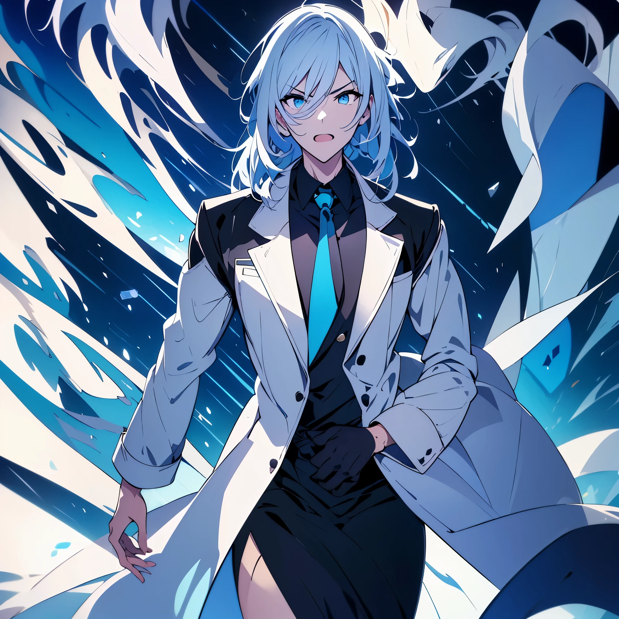 male,open mouth,middle aged,lamentation,silver hair, blue gradient hair,Asymmetrical hair,wearing black suits,blue eyes,from front,white background,Ultra high resolution,Ultra high detail