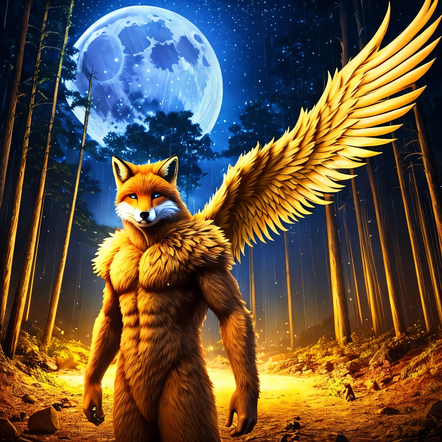 A Fox male muscular digital fursuit golden angel wings blue eyes a background of a forest with a full moon at night rain sounds looking at the viewer serious expression 3D cinematic style a Hollywood film