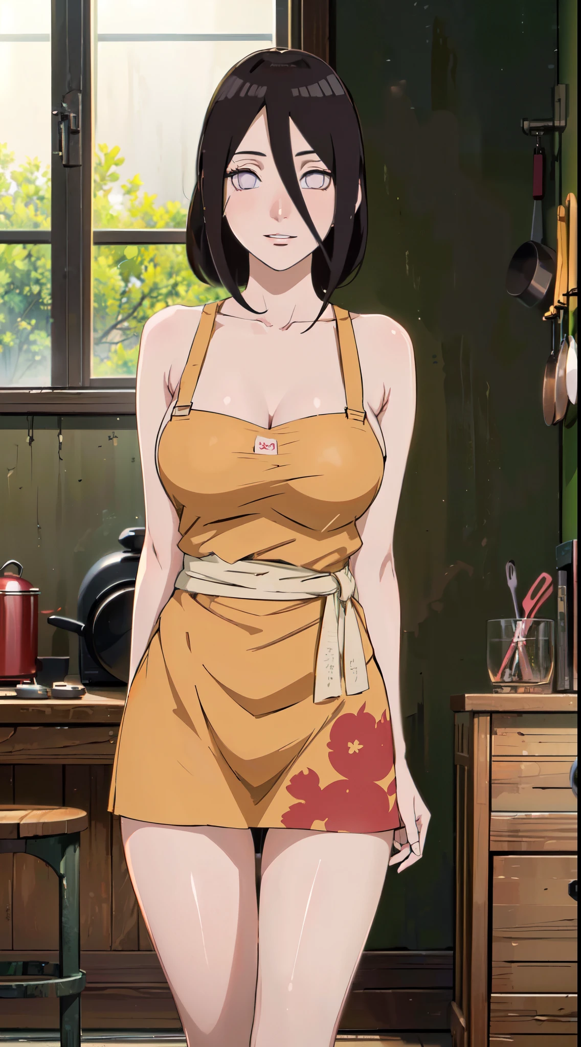 ((((masterpiece, best quality, high resolution)))), 1girl, average breasts, blush, light smile, parted lips, glow, thighs, bare shoulders, collarbone, narrow waist, cleavage, (masterpiece), (beautiful detailed face, beautiful detailed eyes), (naked apron, kitchen, arms behind back,), hanabi\(boruto\)