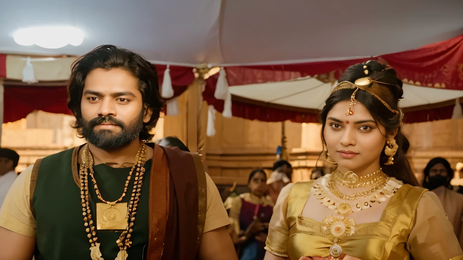 a close up of a man and woman dressed in costume, biopic, inspired by Raja Ravi Varma, vijay jayant props, inspired by Thota Vaikuntham, hindu aesthetic, with leonidas beard, leaked image, inspired by T. K. Padmini, by Thota Vaikuntham, reddit post, peredvishniki, reddit meme, historically accurate