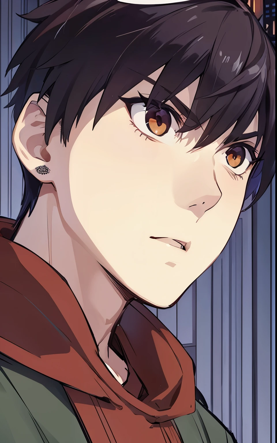 anime style, A guy squat at rooftop, outdoors, upper body, evil eyes, angry, brown eyes, devil, dark smoke, fire at city building, front view, focus on viewer, photo real, ultra detailed, masterpiece, ultra high quality, ultra high resolution, ultra realistic, ultra reflection, ultra lighting, detailed background, dramatic lighting, low key, dark tone, 8K